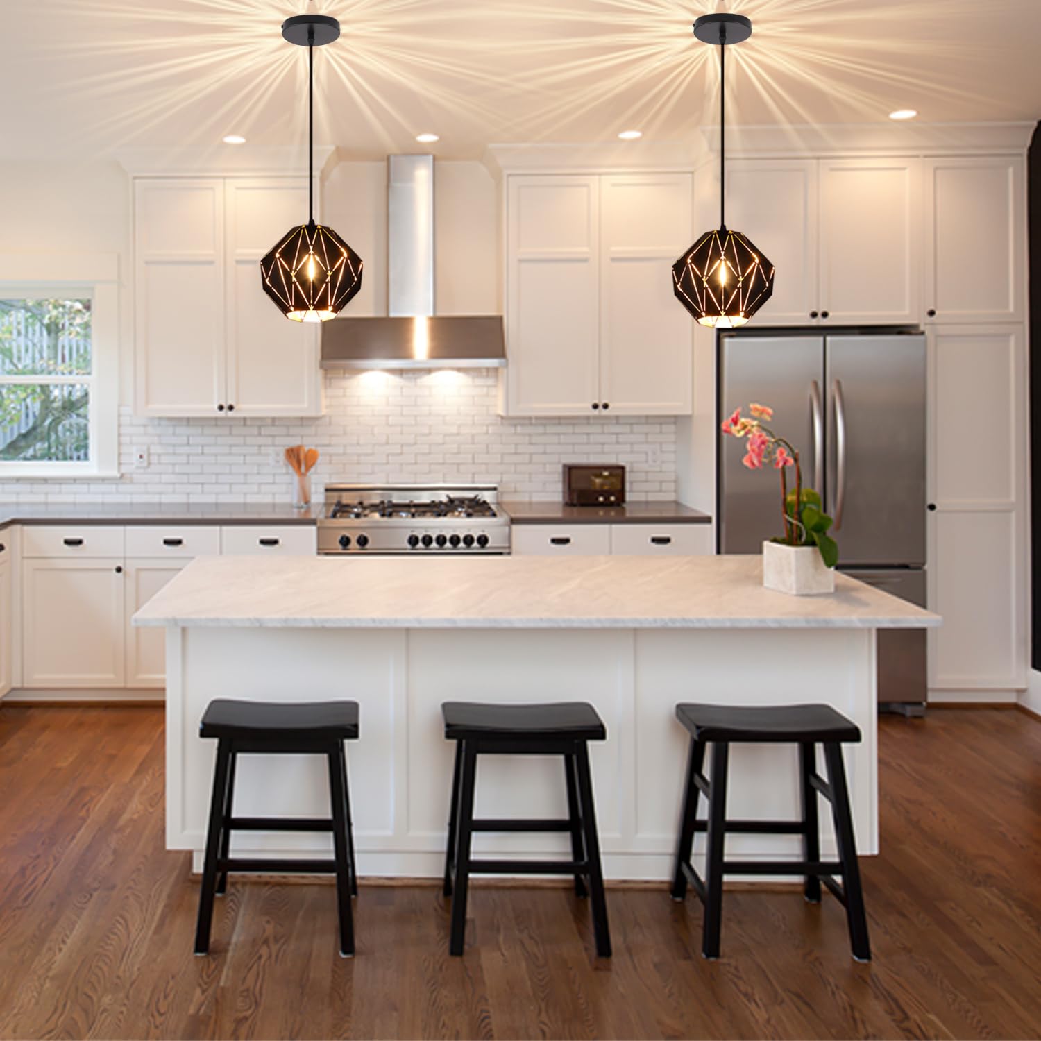 Baunoisk Industrial Vintage Pendant Light, Black Metal, 7.87" Geometric Shade, Retro Farmhouse Ceiling Fixture for Kitchen Island