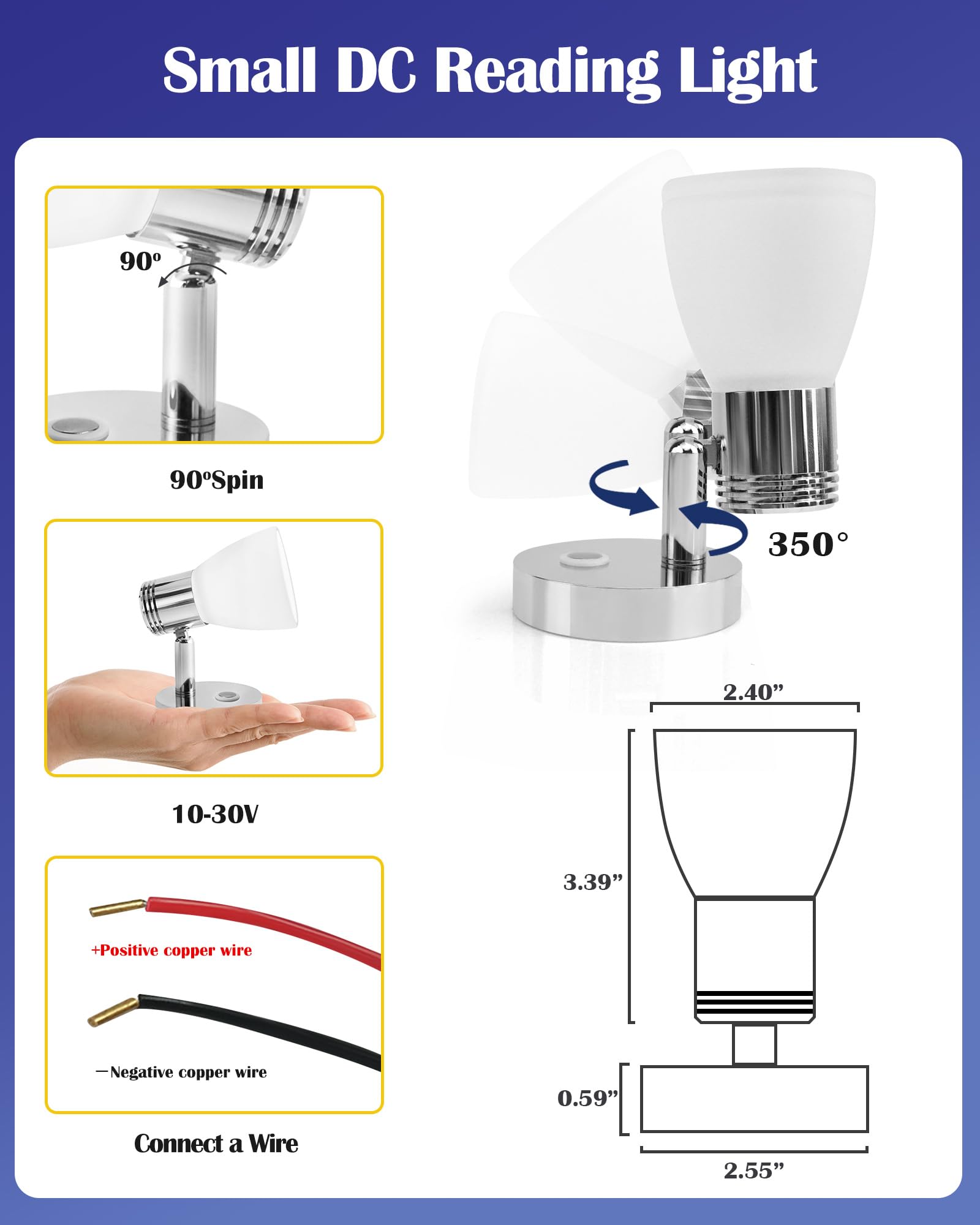 THALASSA 12V LED Boat Reading Light - Polished Metal Wall Sconce with Touch Dimmer for RV, Caravan, Camper Van Indoor Lighting