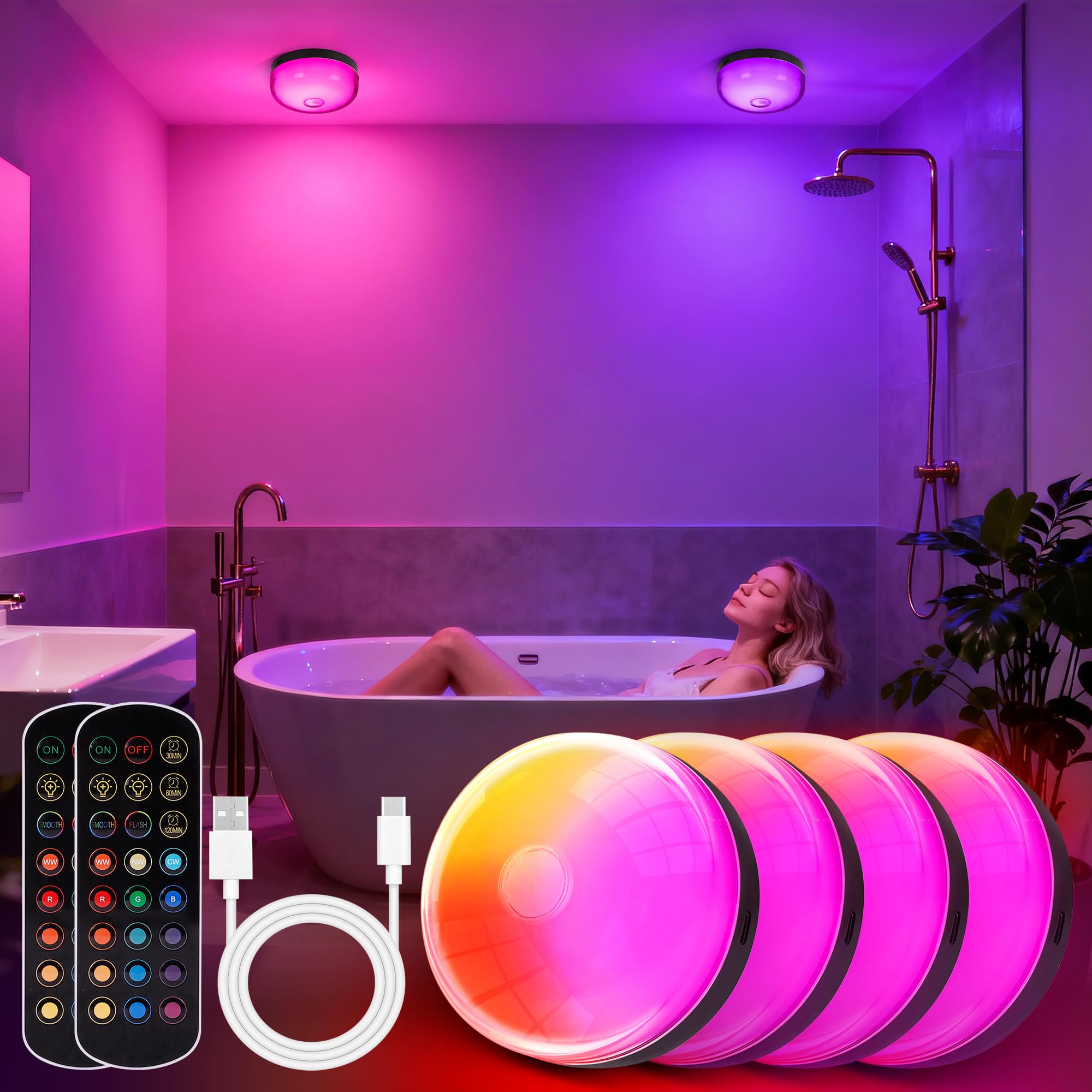 4-Pack Rechargeable Shower Lights for Inside Shower  15 RGBW Color Changeable Waterproof Lights for Shower with Remote(Dimmable&Timer)  Wireless LED Mood Lighting for Bathroom  Closet  Bedroom  Party