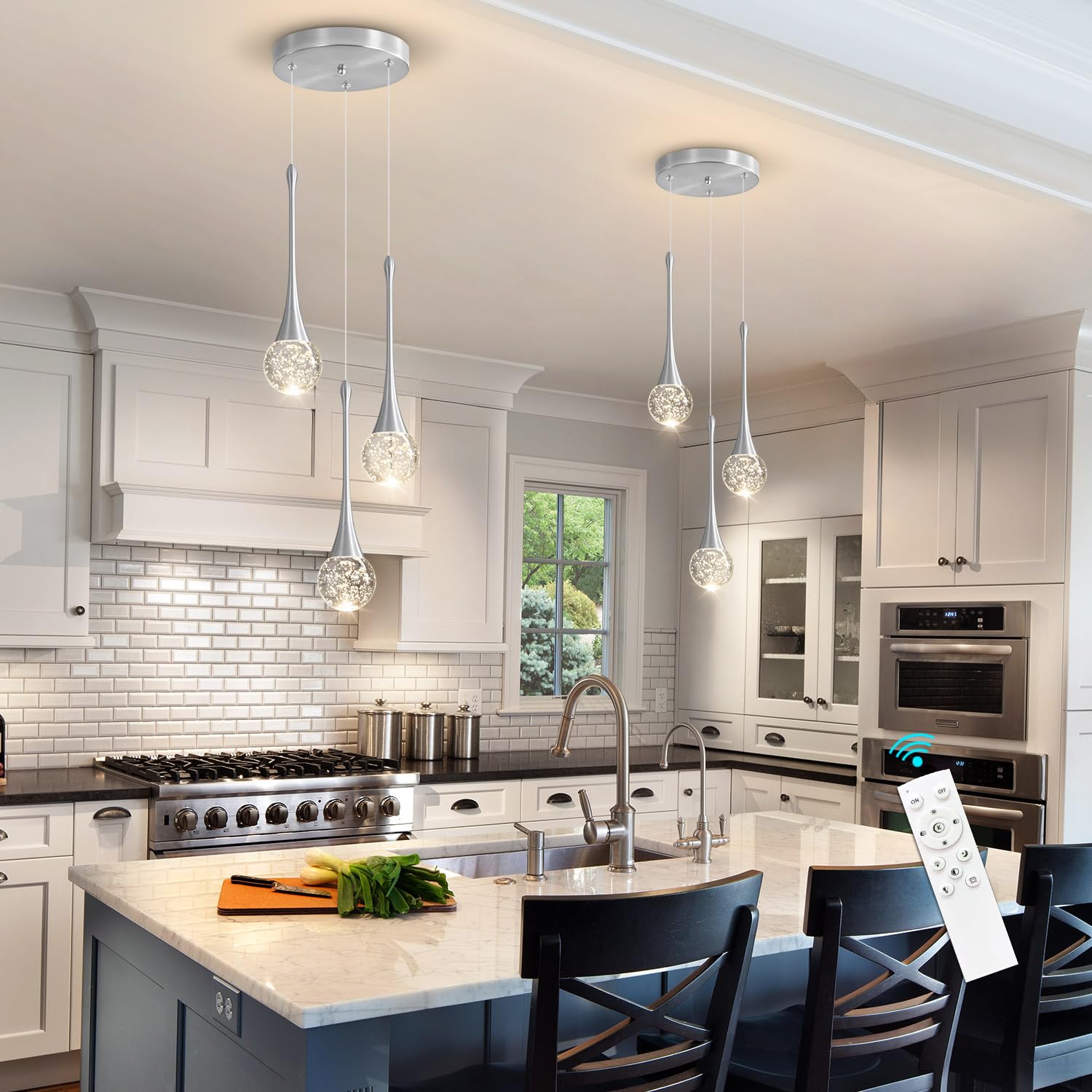 cenozo 3-Lights Pendant Light Chandelier, Dimmable LED, Crystal, Brushed Nickel, Model RS2037-3Y, Ideal for Kitchen, Dining Room, Bedroom