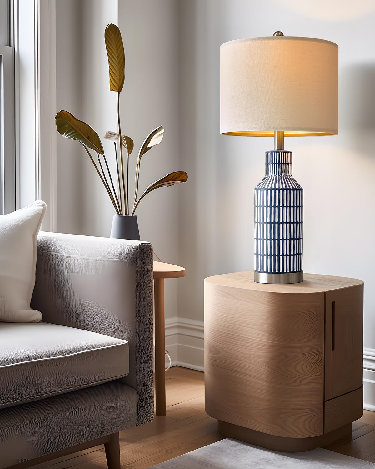USumkky 25" Modern Ceramic Table Lamp - Blue, Farmhouse Style for Living Room & Bedroom, Model AMZ-T1114BL