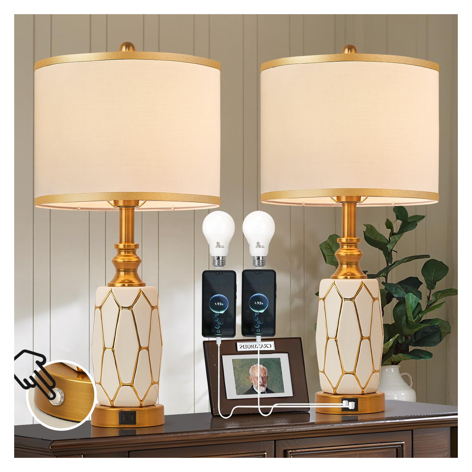 Workluurop Set Of 2 Touch Control Table Lamps, Modern Ceramic With Usb Ports, White & Gold