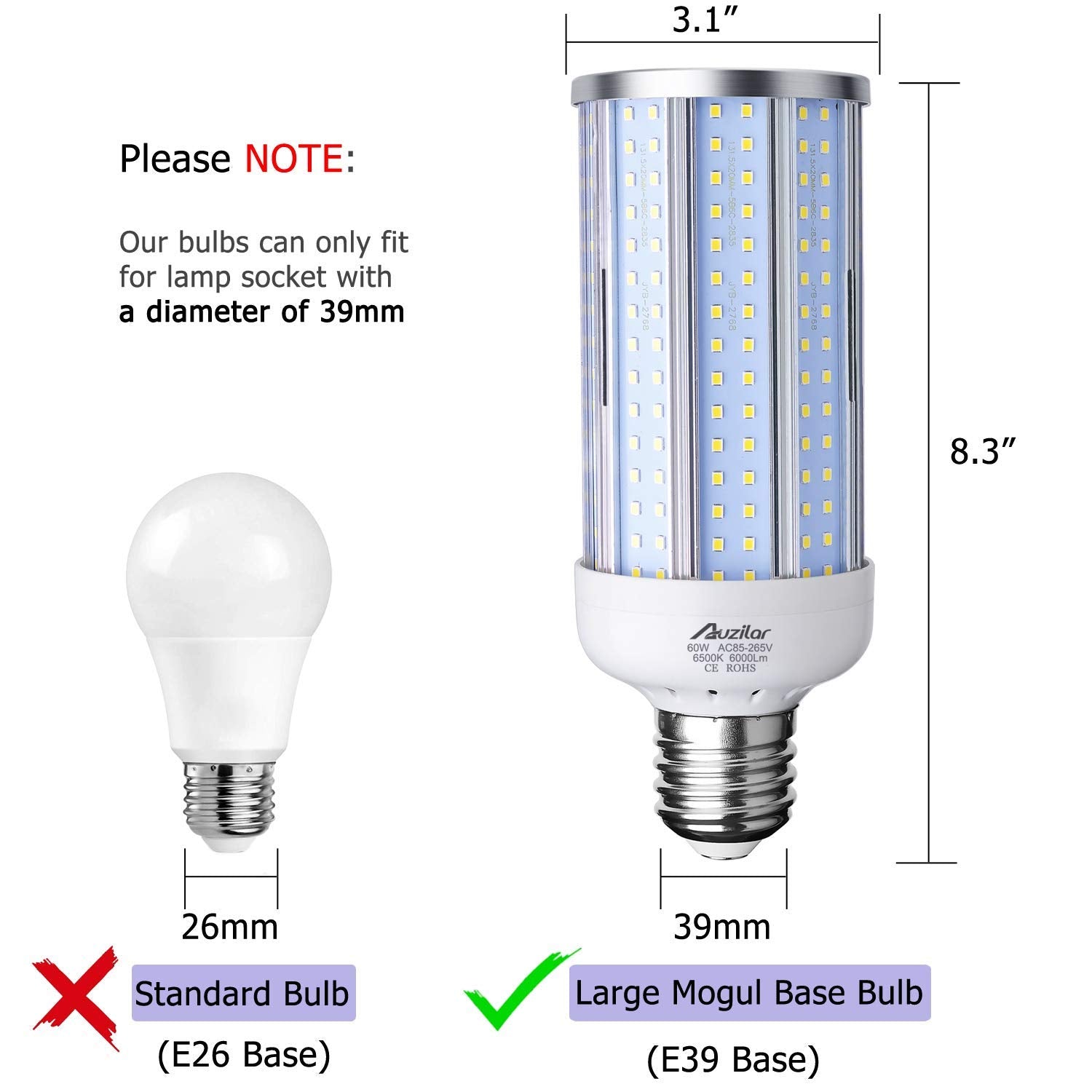 Auzilar 60W LED Corn Light Bulb, 6000Lm, 6500K Cool White, E39 Base, Metal, 1 Count