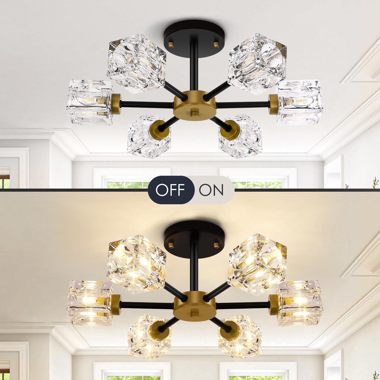 Black Modern Chandelier, 6-Light Crystal Semi Flush Mount Ceiling Light Fixture, 17.3'' Farmhouse Kitchen Pendant Light With Cub