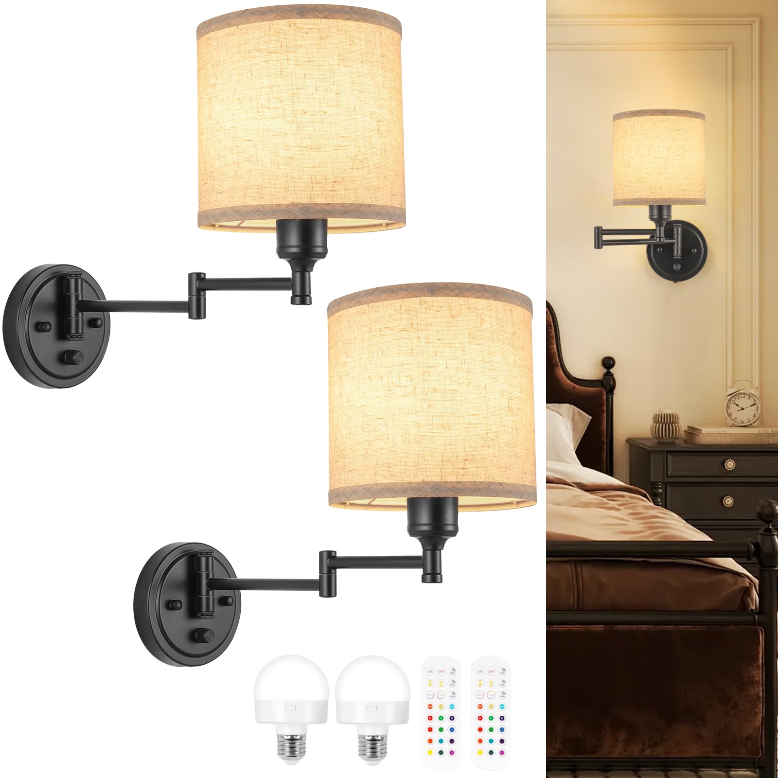 GOODATE Battery Operated Wall Sconce Set of Two, Remote Control, 15 Colors, Dimmable, Linen Fabric Shade, Model BZ-DC
