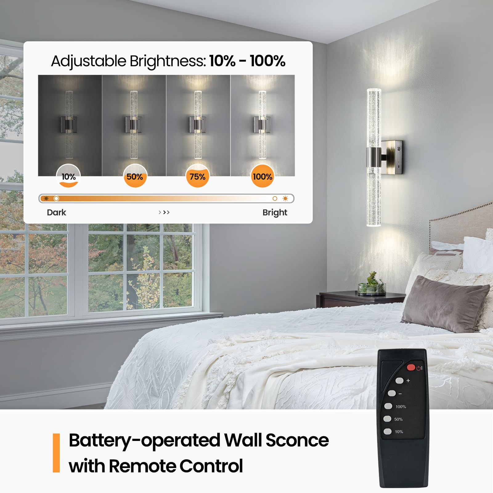 Ccycol Wireless Wall Sconces Set Of Two Battery Operated, 4000K Dimmable Crystal Led Bathroom Sconces Wall Lighting Modern Indoo