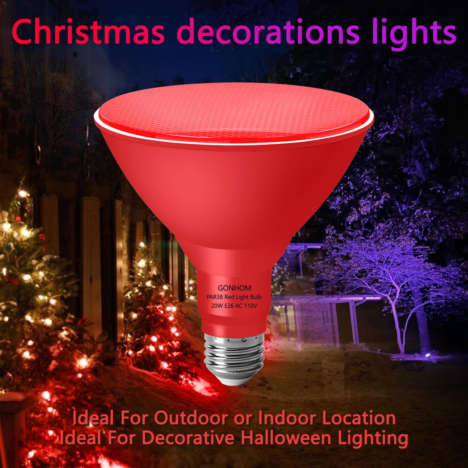 Gonhom PAR38 Red Flood Light Bulbs - 20W Dimmable LED, 2 Pack, E26 Base, Outdoor Holiday Lighting