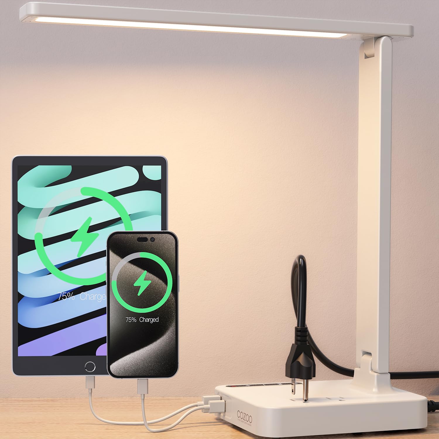 cozoo LED Desk Lamp with USB Charging Ports, 2 AC Outlets, 9 Lighting Modes, White