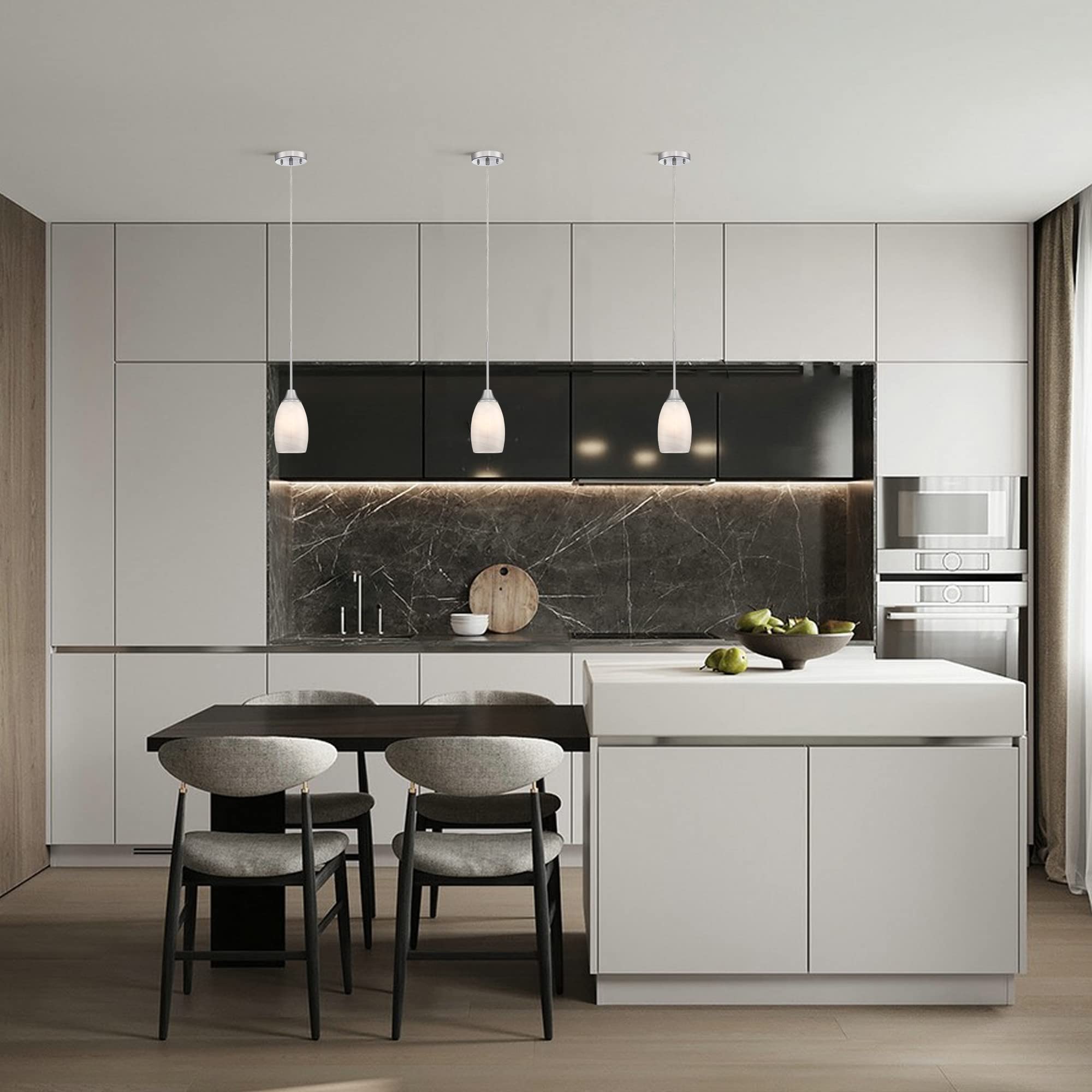 Viinew Mini Glass Pendant Light 3-Pack - Handblown White Oval Lights For Kitchen & Dining