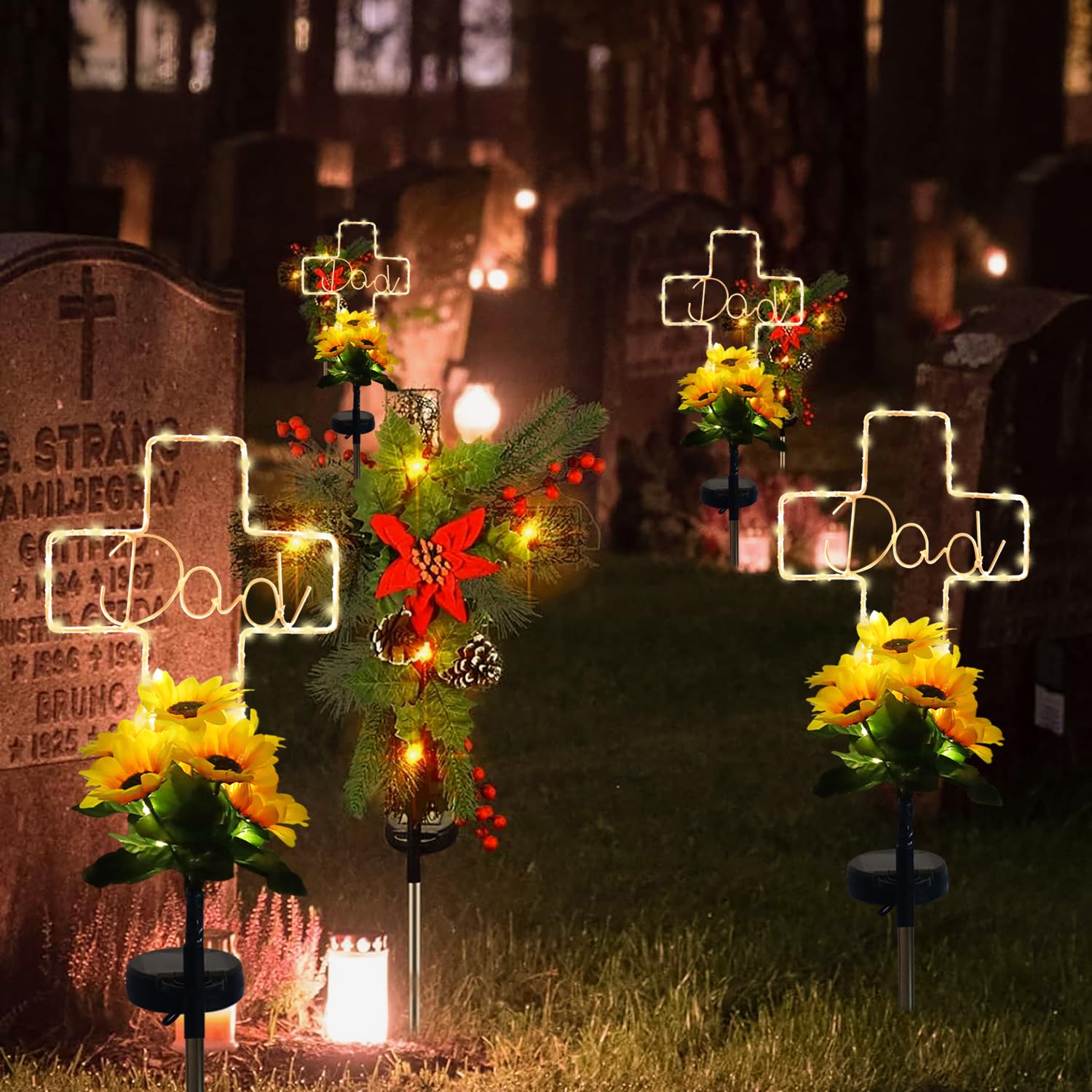 Lmtocs Solar Cross Grave Lights - Waterproof Sunflower Design For Cemetery, 2 Modes, Memorial Decor For Dad