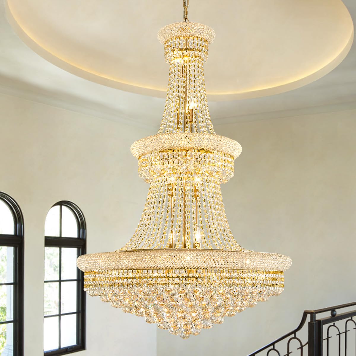 Dunfizz 19-Lights High Ceiling Chandelier Modern Gold Crystal Chandeliers Large Foyer Chandelier Fixtures For Staircase Living R
