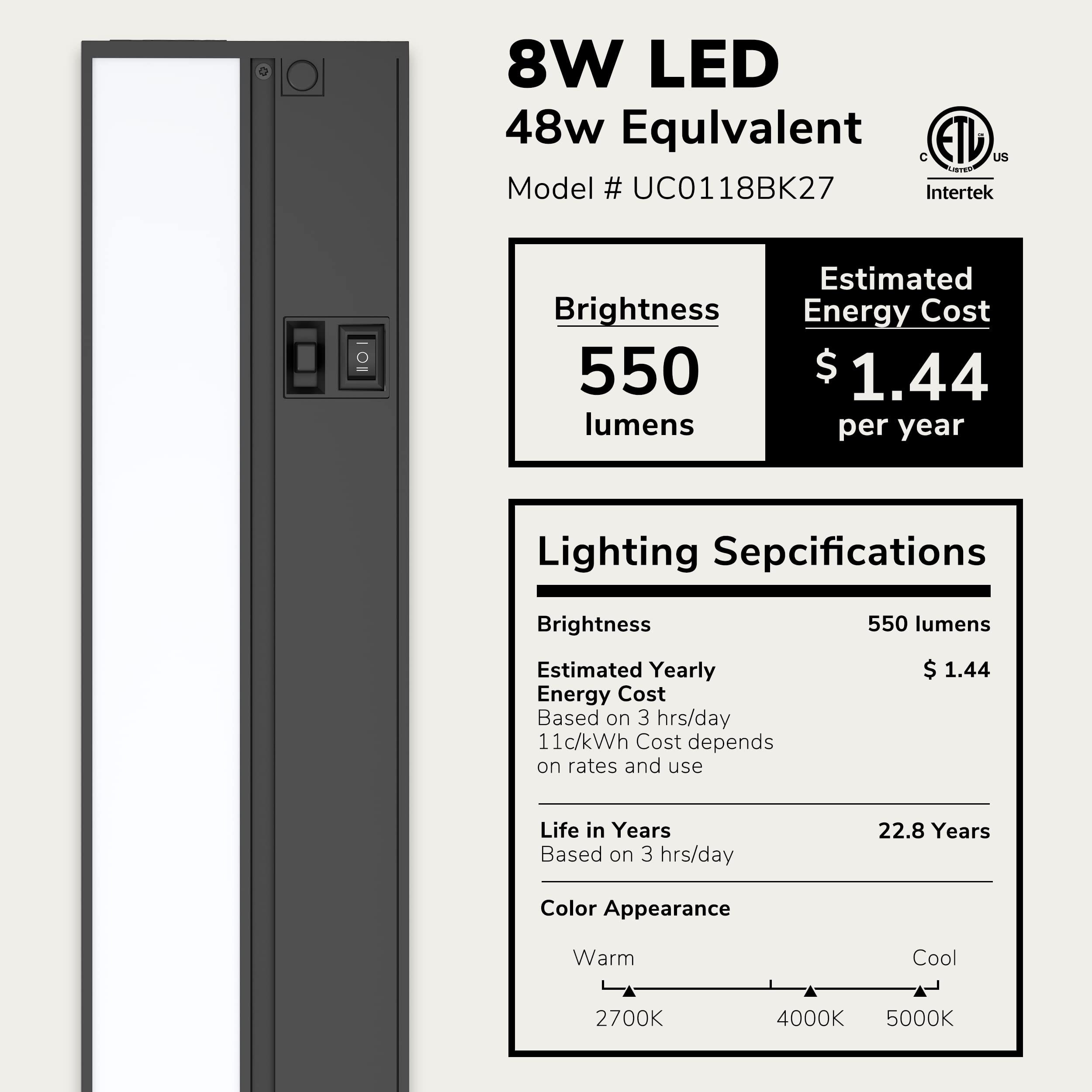 LAGOM 18" Dimmable LED Under Cabinet Lights, Selectable 2700K/4000K/5000K, Black Finish, Model UC0118BK27