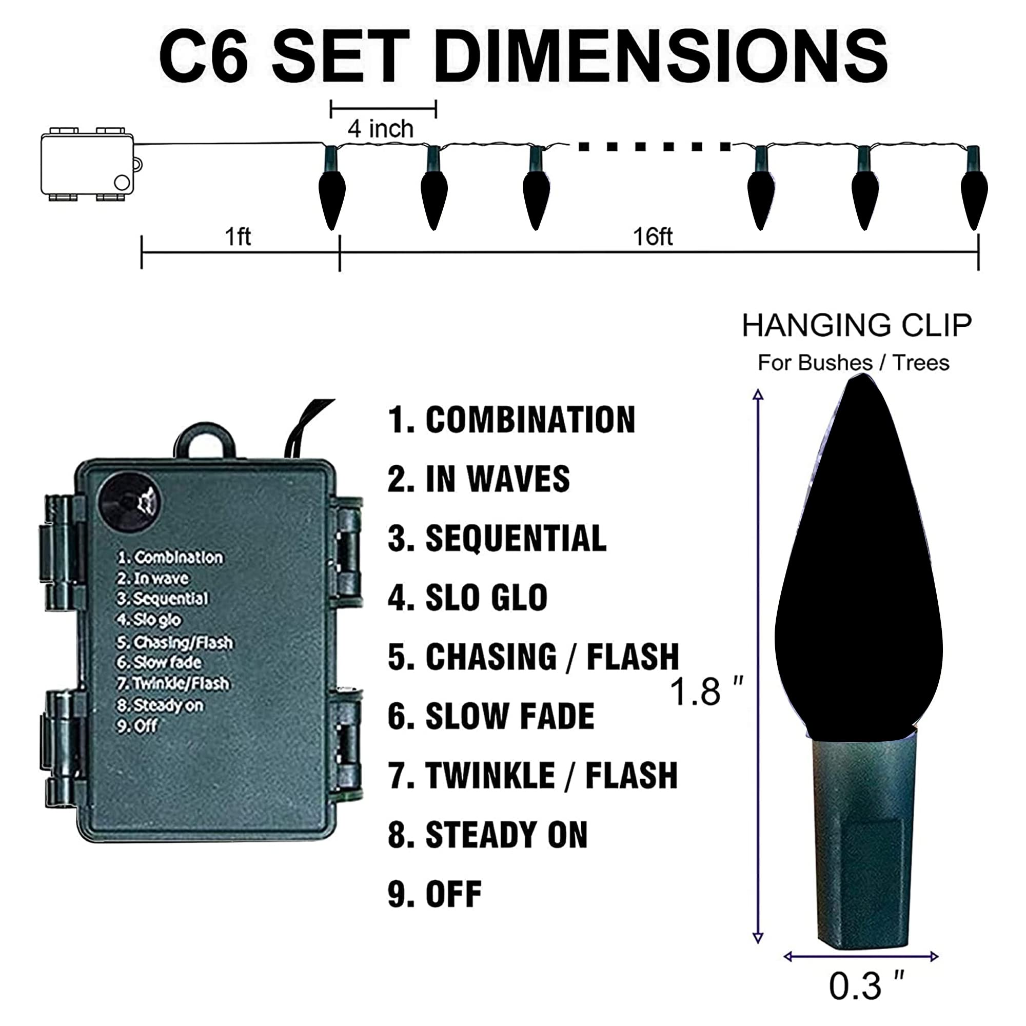 Dazzle Bright C6 Battery Operated Christmas Lights, 4 Pack Total 200Led 68Ft Multi-Colored Lights With 8 Modes, Waterproof Chris