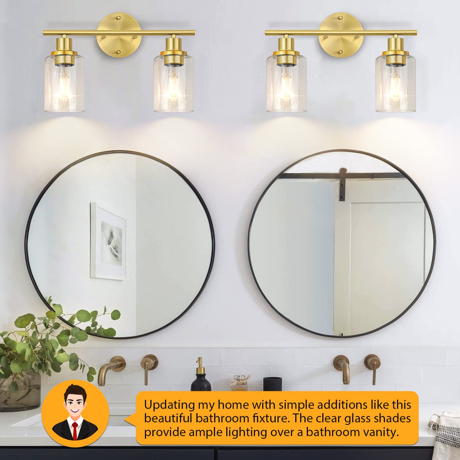 Folksmate Bathroom Light Fixtures, 2-Light Brushed Brass Vanity Light, Gold Wall Sconces Lighting, Modern Bath Wall Mounted Ligh