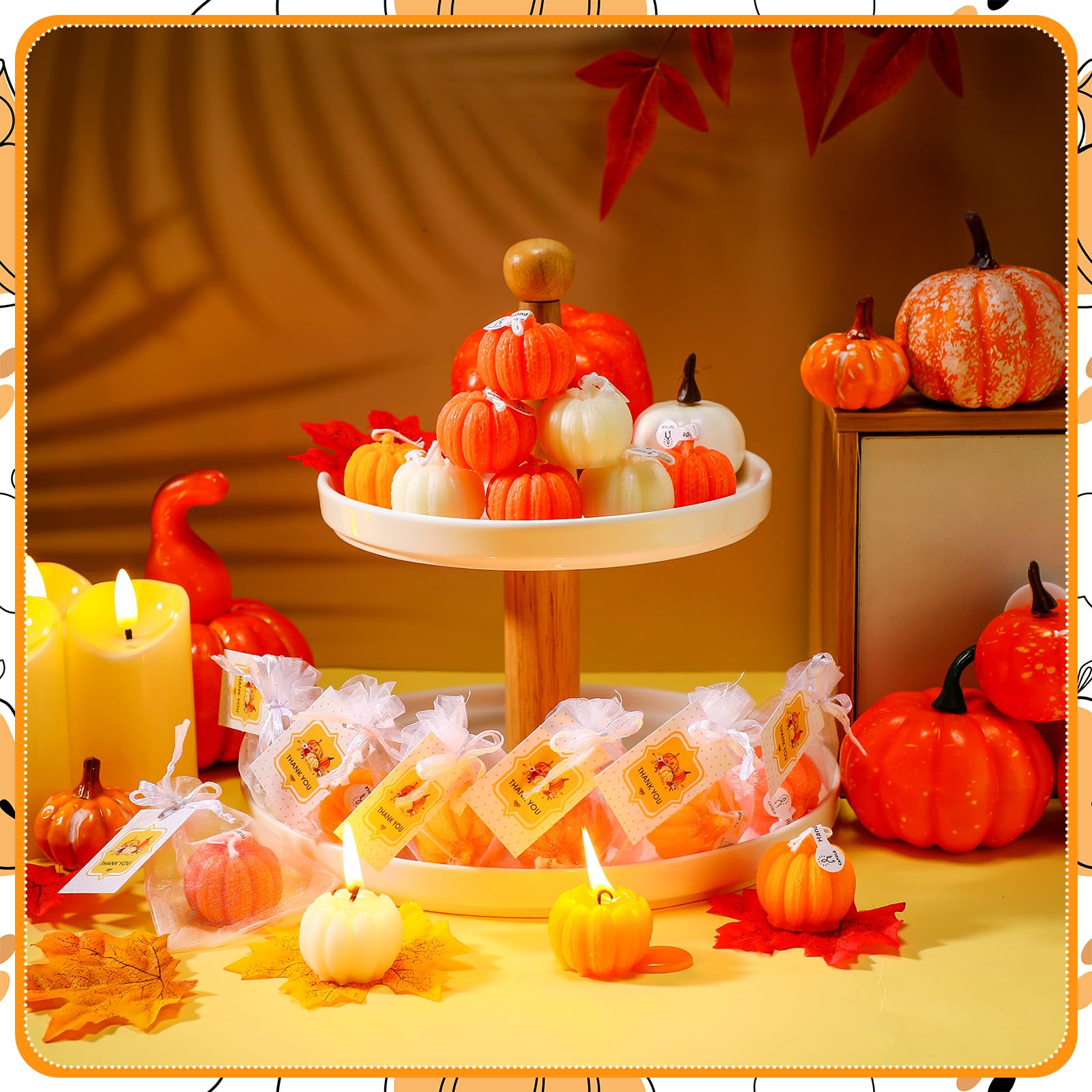 Treela Pumpkin Candles - 24 Sets Tealight for Fall Baby Shower, Thanksgiving, Classic Colors, Wax and Organza