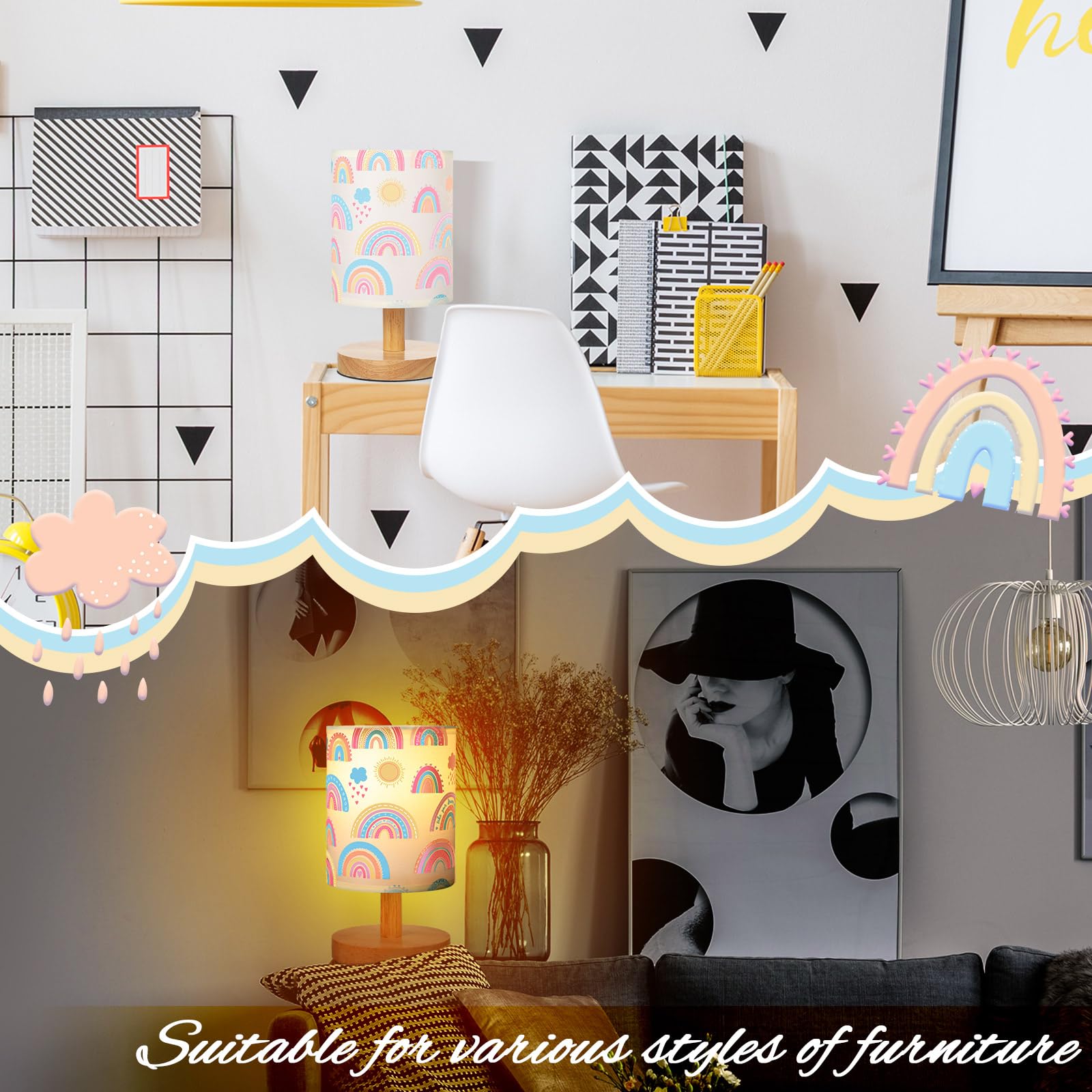 Vihose Rainbow Lamp For Girl Bedside Kids Lamp With Linen Wooden Nightstand Cartoon Nursery Light Lampshade For Girls Boys Livin
