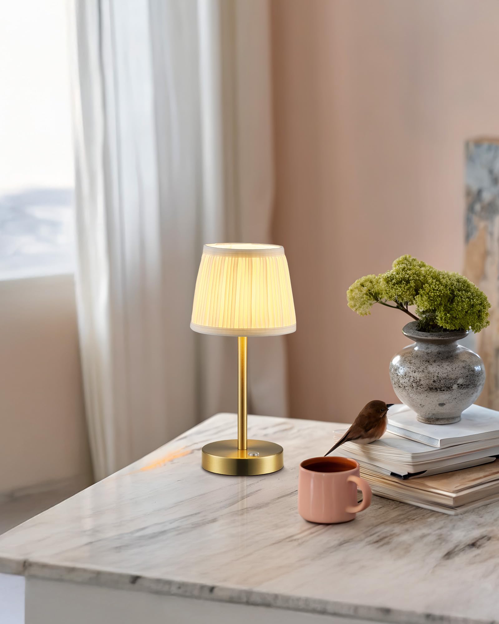 Pusu 2 Pack Cordless Led Gold Table Lamps  Rechargeable 4000Mah 3 Way Dimmable Bedside Small Lamp With Fabric Shade  Lighting For Bedroom  Kids Room  Bathroom  Kitchen  Decor  Gift  Night Light