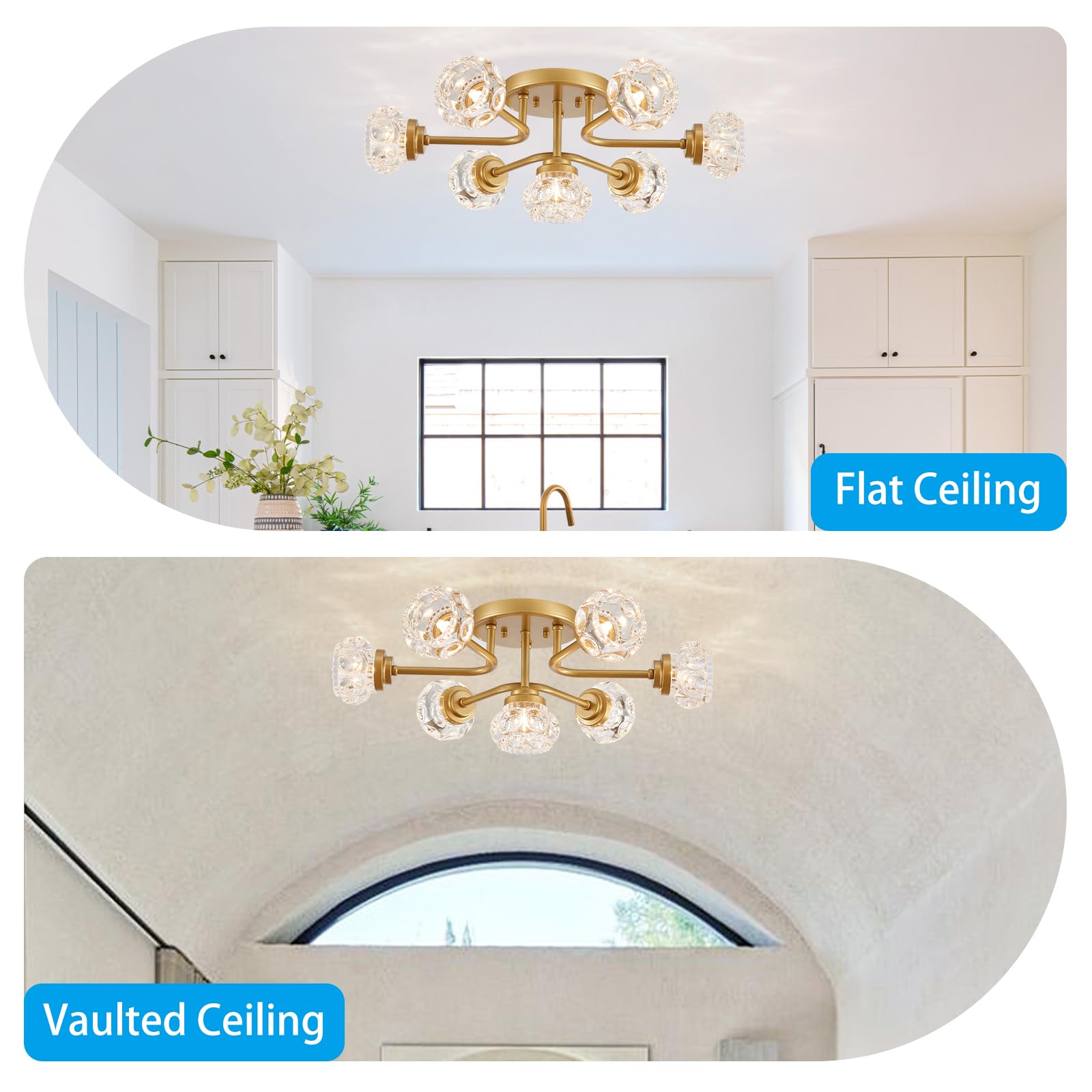 Xingqi Gold Sputnik Semi Flush Mount Ceiling Light Fixture, 7-Light Mid Century Dining Room Chandelier Farmhouse Chandelier Roun