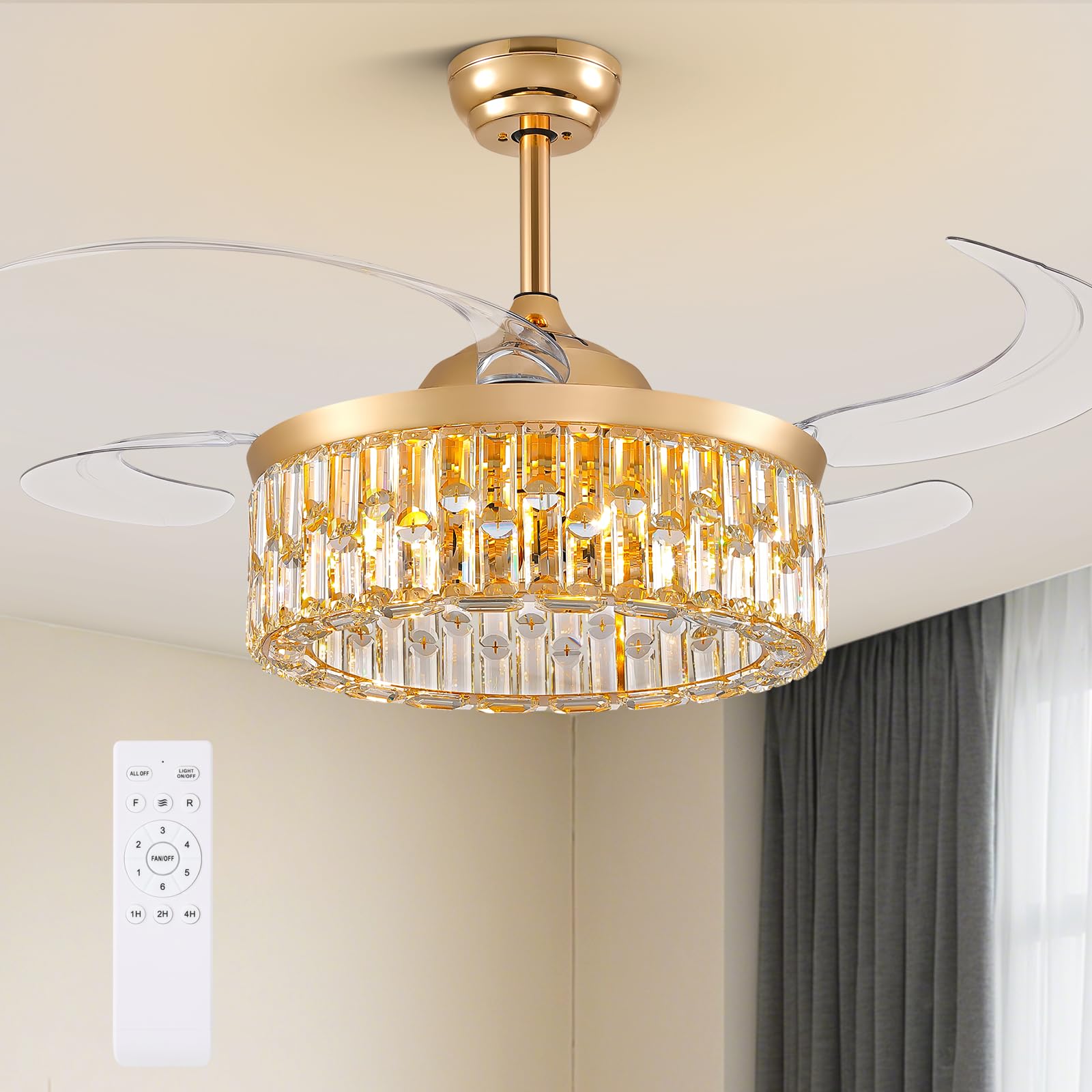 Siljoy Retractable Crystal Ceiling Fan with Light  Modern Gold Crystal Chandelier Fan  Reversible  Remote Control  Elegant Fandelier Light Kits for Dining Living Room Bedroom (48 Inches  5 Lights)