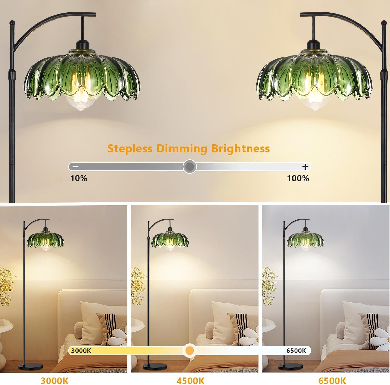 Qiyizm Glass Floor Lamp For Living Room,Bedroom,Gold Dimmable Standing Lamp With Remote,Mid Century Modern Brass Tall Lamp Boho