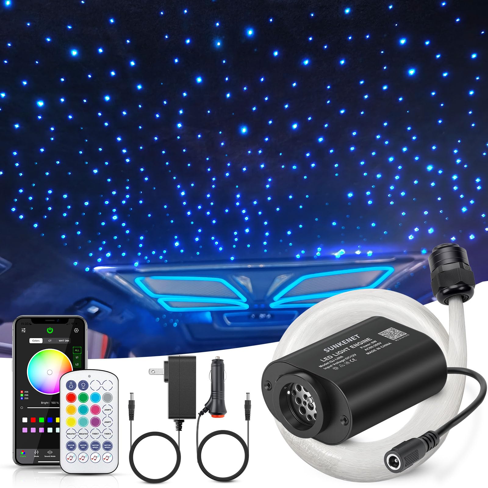 SUNKENET Starlight Headliner Kit - 400pcs Fiber Optic Lights, 9.8ft, Pure White, Bluetooth APP/Remote Control, Model QJ-L006