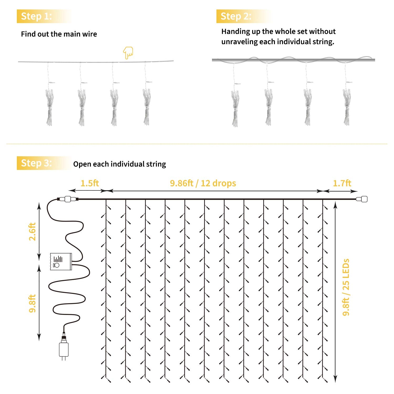 Brightown Curtain Lights 300 LED Dimmable 9.8 Feet Remote 8 Modes Pure White Model GP-SW290DC0209-IP44(US)A
