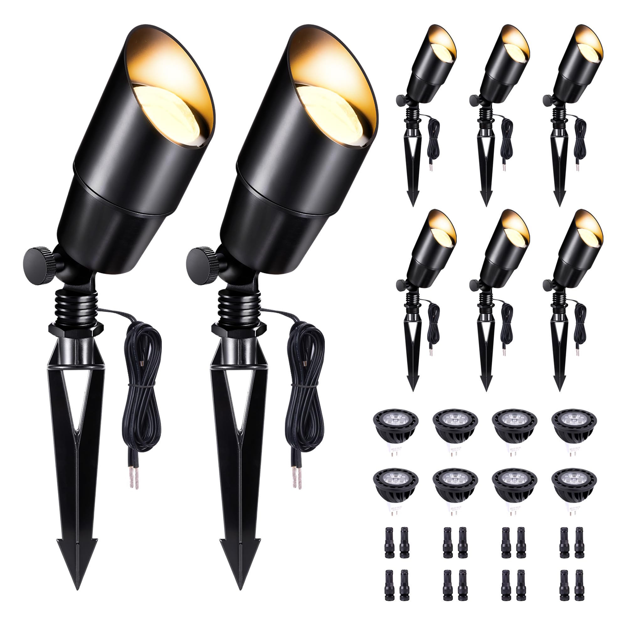 Varmtalys Black Outdoor Spotlights, LED Low Voltage Aluminum Landscape Lights, 5W MR16 Bulb, 8 Pack, IP65 Waterproof, Model AL2101