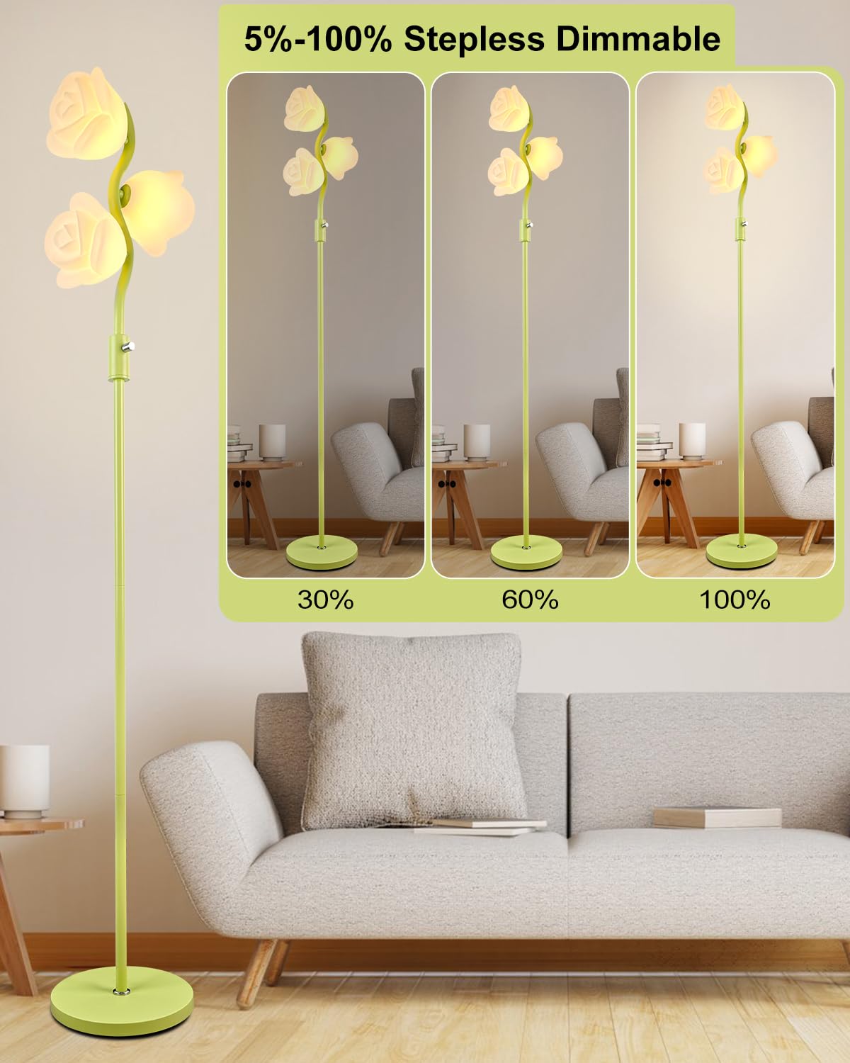 Lightdot 3-Light Flower Floor Lamp Stepless Dimmable Modern Mid Century Standing Lamp With 3Pcs 3000K G9 Bulbs Unique Cute Green