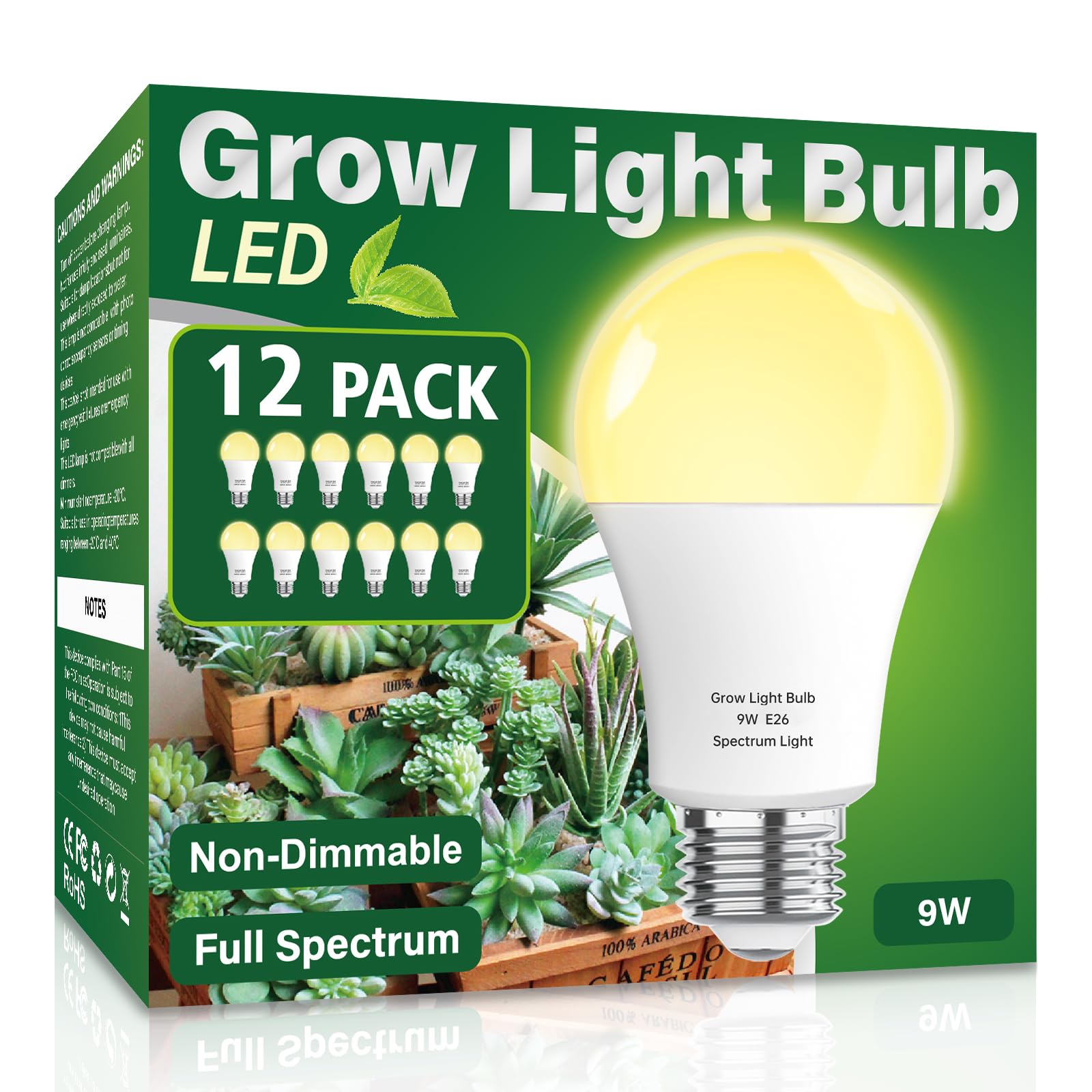 Wiyifada 12 Pack Full Spectrum Grow Light Bulbs,A19 Grow Lights for Indoor Plants,NO-Dimmable E26 9W Grow Bulb Replace up to 100