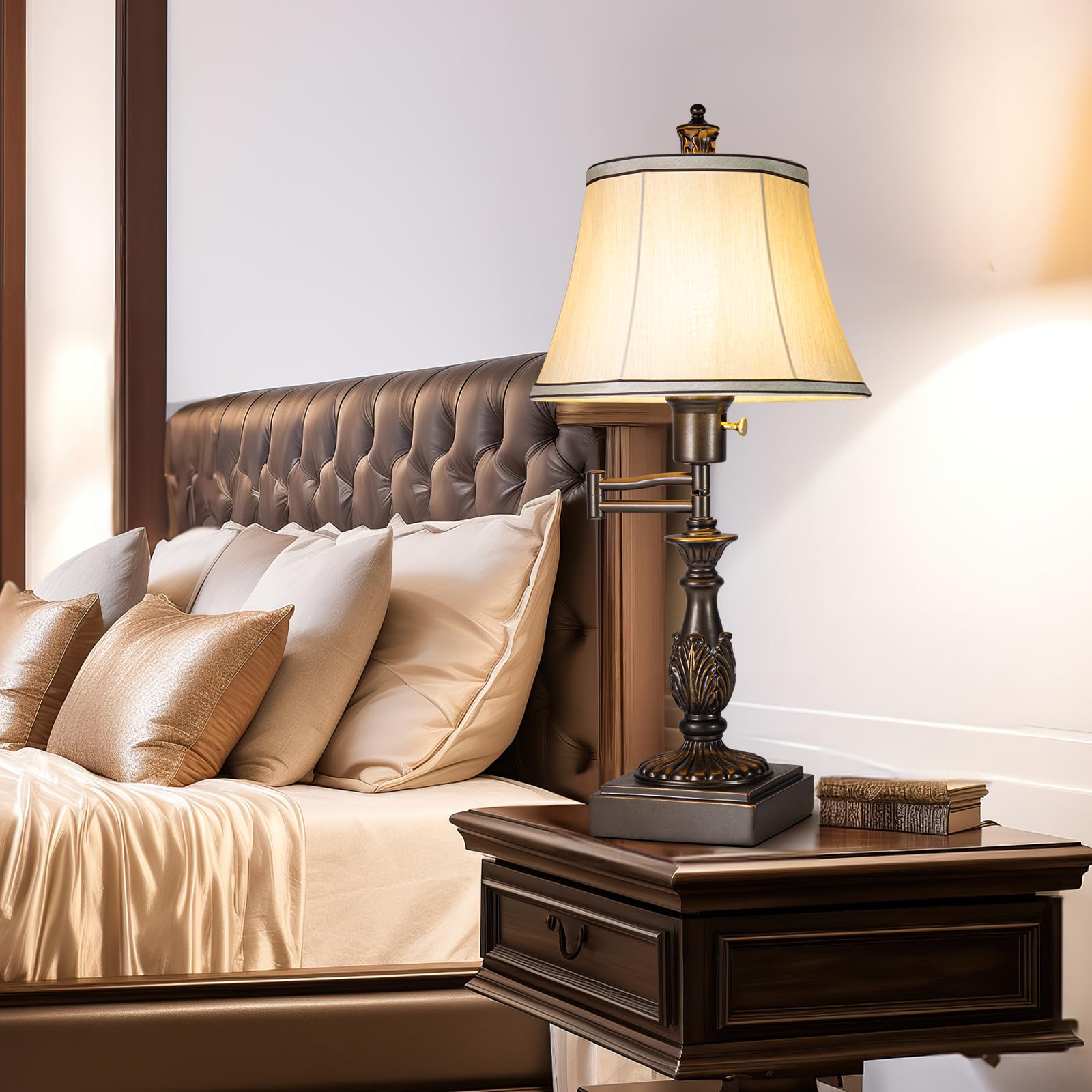 Scenekoy Rustic 23.5" Adjustable Swing Arm Table Lamp Set of 2, Bronze Finish, USB Ports, Vintage Cream Shade, Model SL016