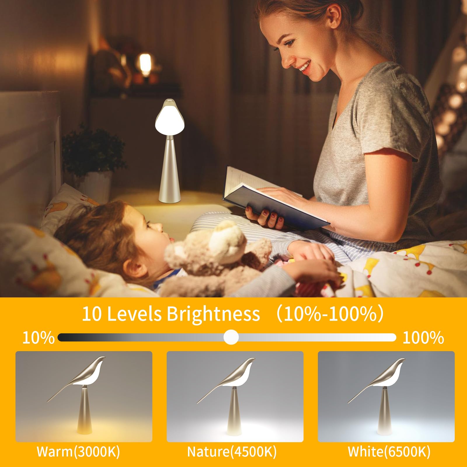 Xhope4U Table Lamp For Bedroom, Bird Night Light, 10 Level Dimmable Brightness Bedside Lamps, Desk Lamp For Dorm, Office, Gift,