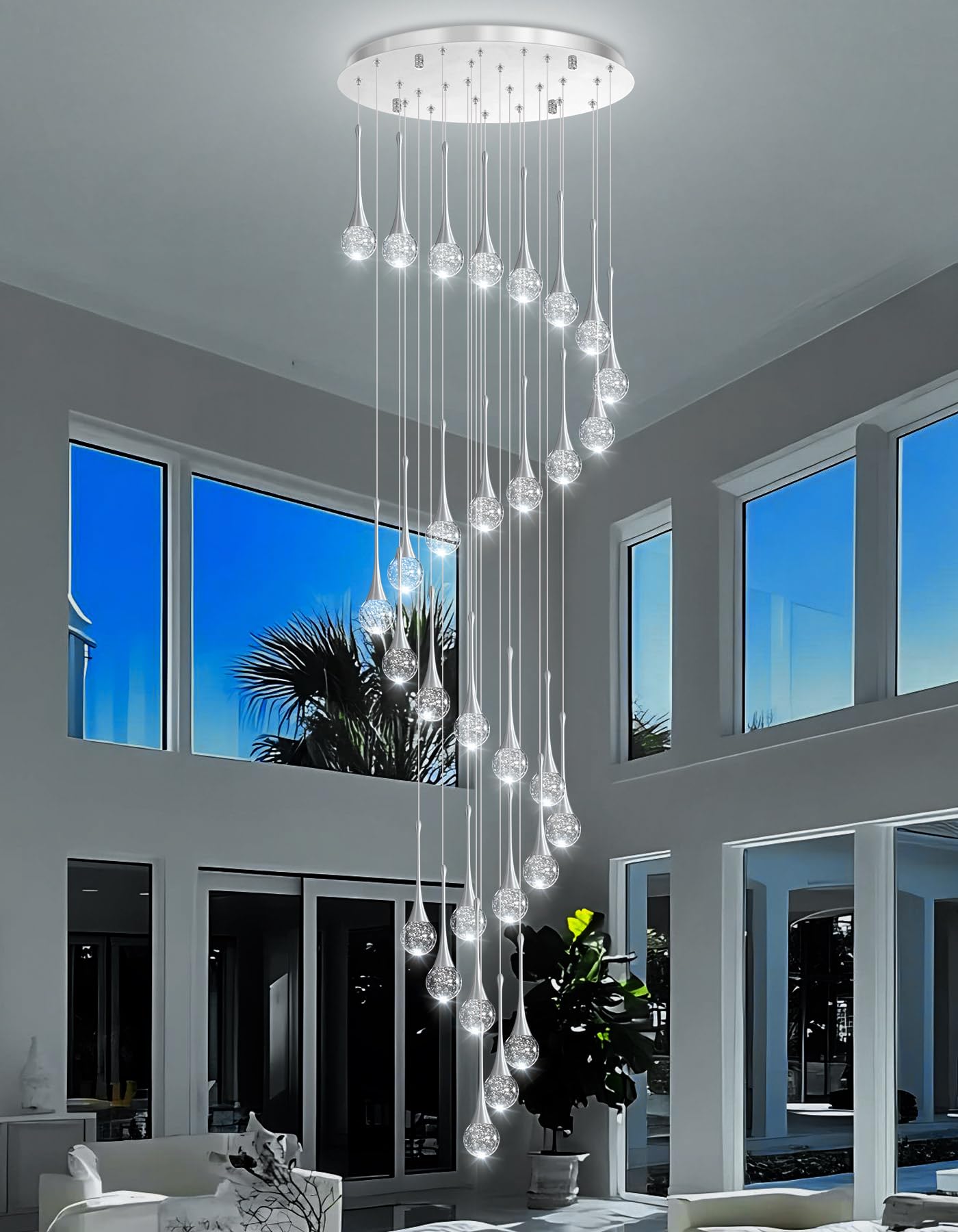 30 Light Modern Glam Crystal Chandelier For High Ceiling Led Dimmable Ceiling Pendant Light Staircase Foyer Enterway Living Room Chandelier Lighting Antique Silver