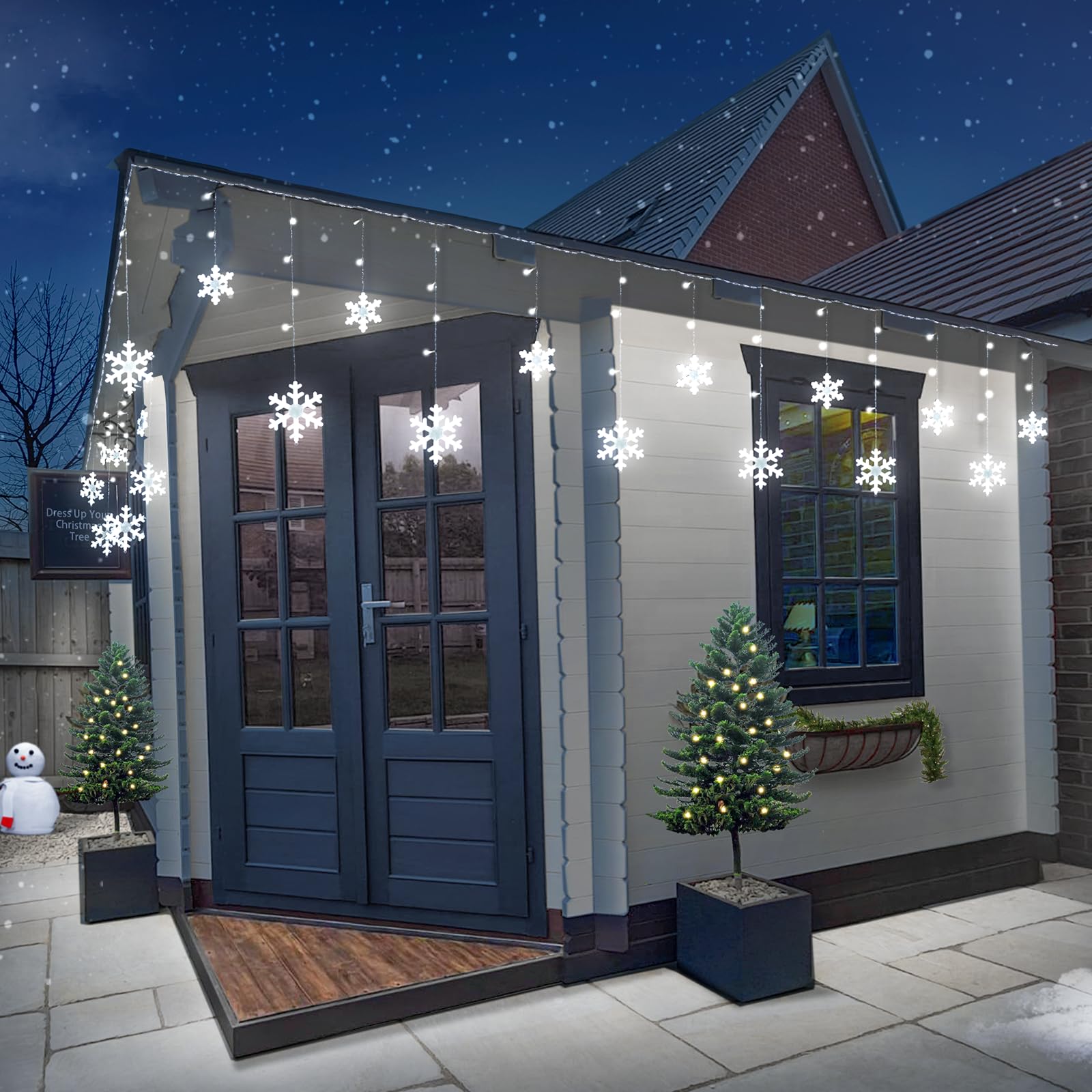 Aulanto Outdoor Snowflake Lights, 16.73Ft 240 Led Snowflake Icicle Lights Waterproof With 20 Drops, 8 Modes Cool White Christmas