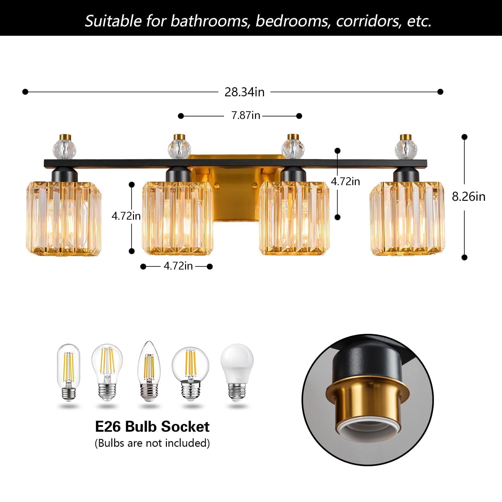 FDPBY 4-Light Crystal Vanity Light Fixtures, Black Gold Metal, Model 290, Modern Bathroom Lighting Over Mirror