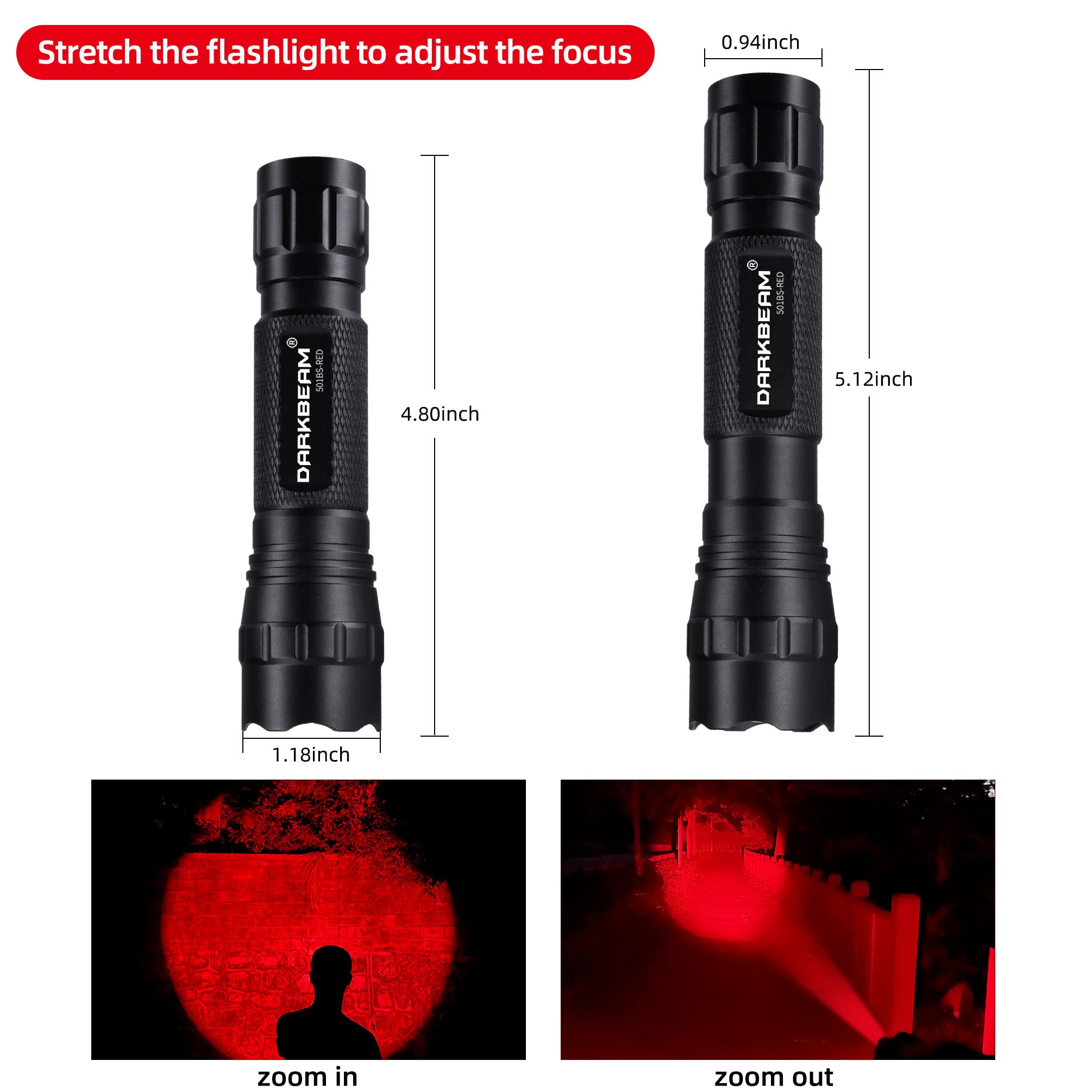 DARKBEAM Tactical LED Red Light Flashlight, Rechargeable, Pocket Size, Aluminum, Model 501B-S, Zoomable, Ideal for Fishing & Hunting