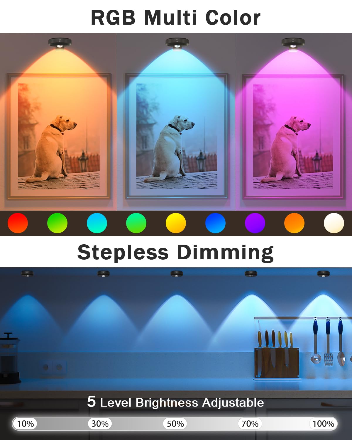 Willed Picture Lights, 1200Mah Rechargeable Battery Operated Picture Lights, Puck Lights With Remote, 9 Rgb Colors, Dimmable&Tim