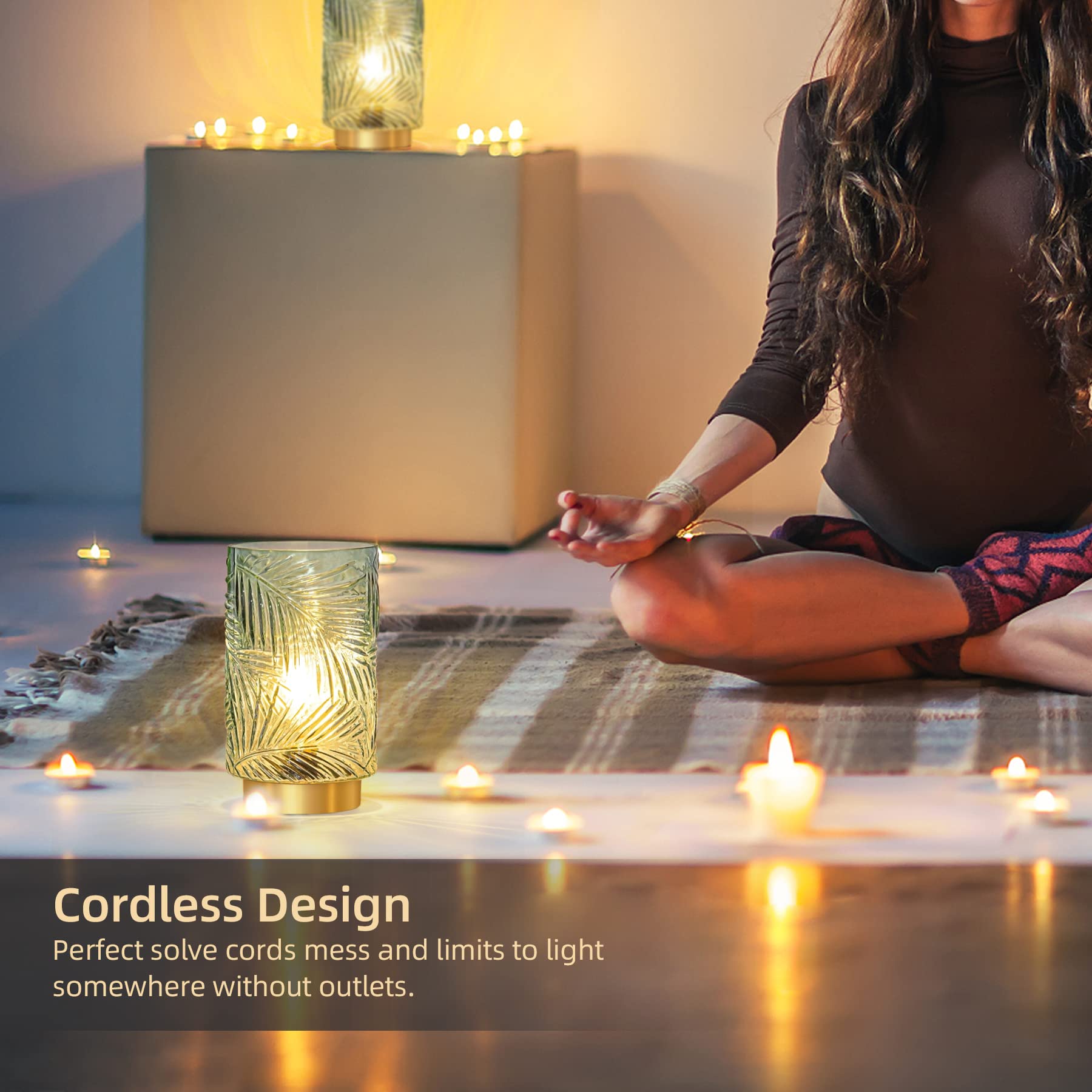 MJ PREMIER Battery Operated Table Lamp - Light Green, Small with Timer, Glass Decorative Nightlight for Home Decor