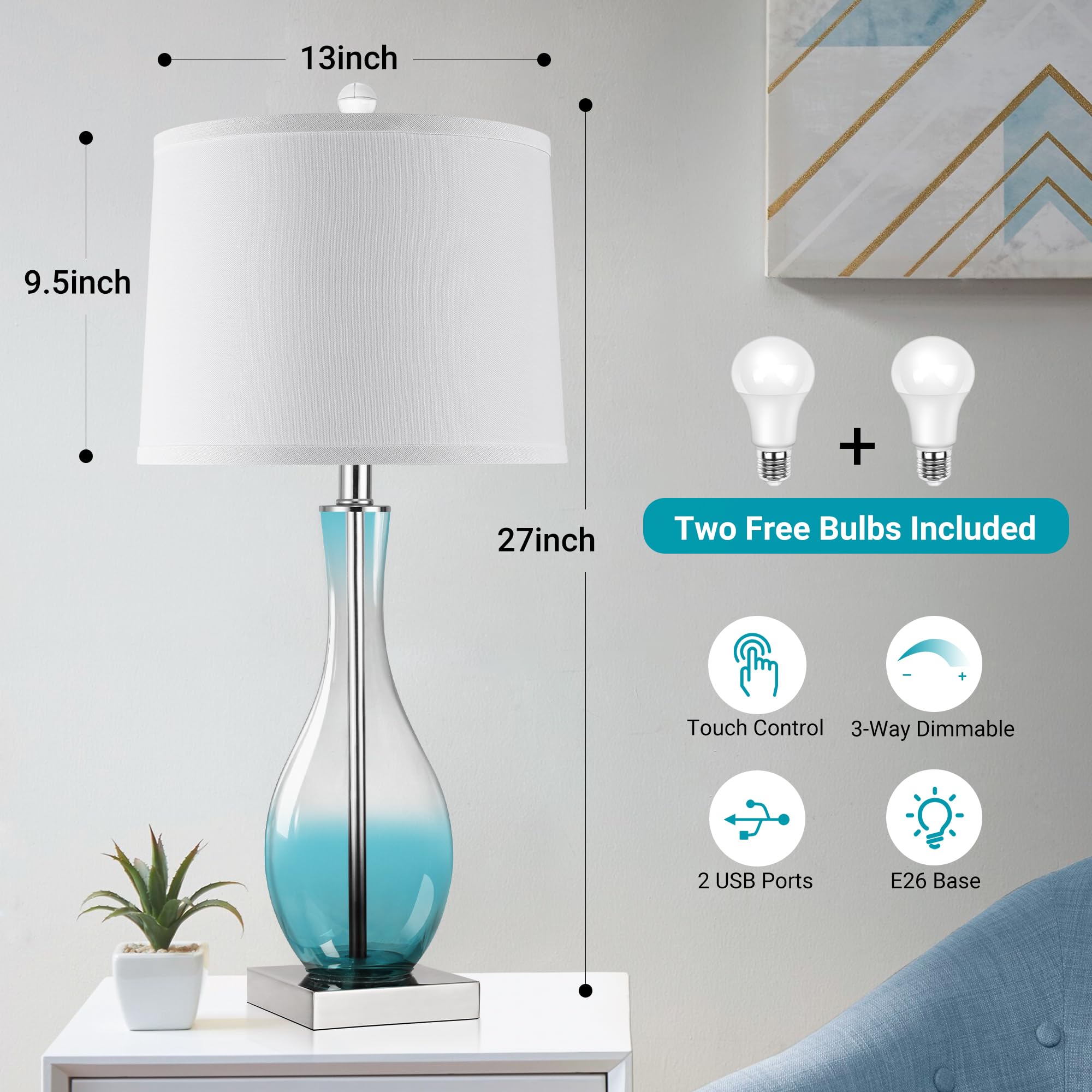 WIHTU Table Lamps Set of 2, 27in Touch Control, 3-Way Dimmable, Glass, Blue, USB Charging Ports, Model WTLP357AL2