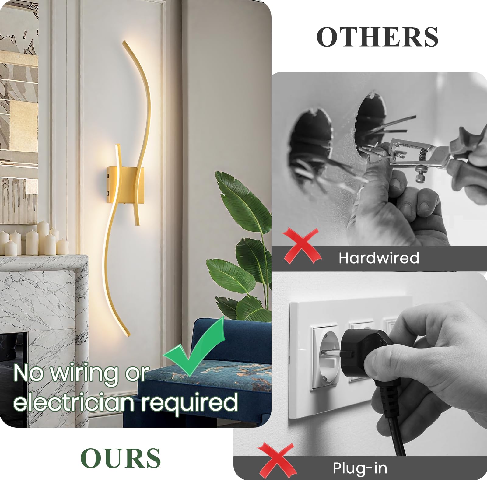 CANEOE Wall Sconce Set of 2, 18000mAh Dimmable LED Lights, 39.37" Gold, Rechargeable with Remote Control, Model WL-100SBL