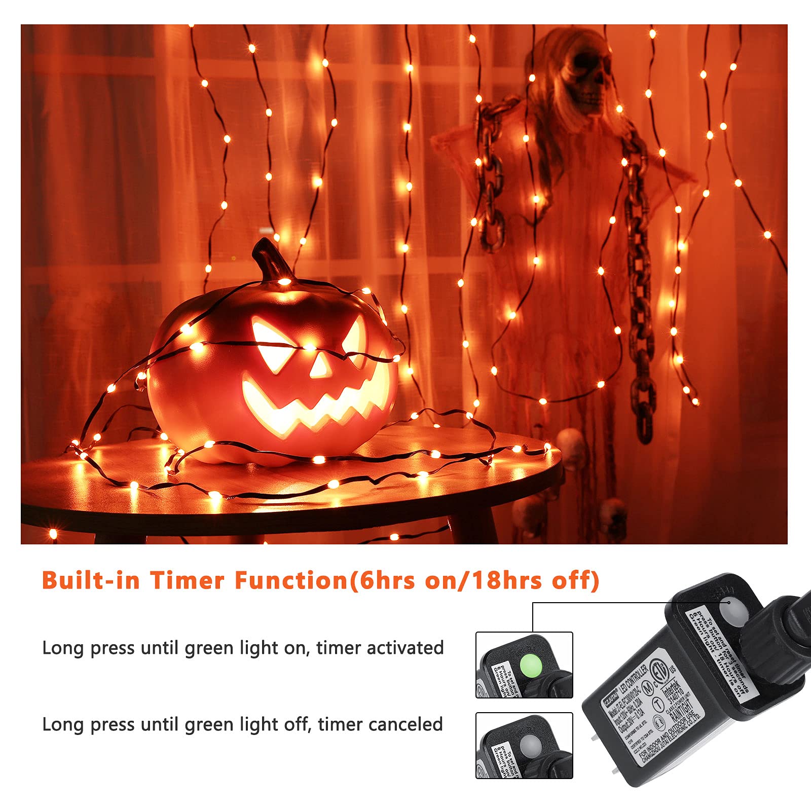 Brizled Halloween Lights, 72ft 200 LED Orange String Lights, 8 Modes, Black Wire, Indoor/Outdoor, Model FTC-200OCL-30