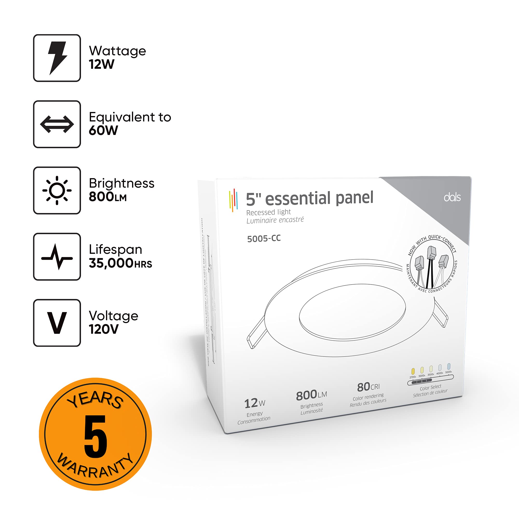 DALS Lighting 5 Inch Round Recessed Panel Light | Dimmable, Wet Rated, CCT Selectable 2700K-5000K | 12W, 800 Lumens