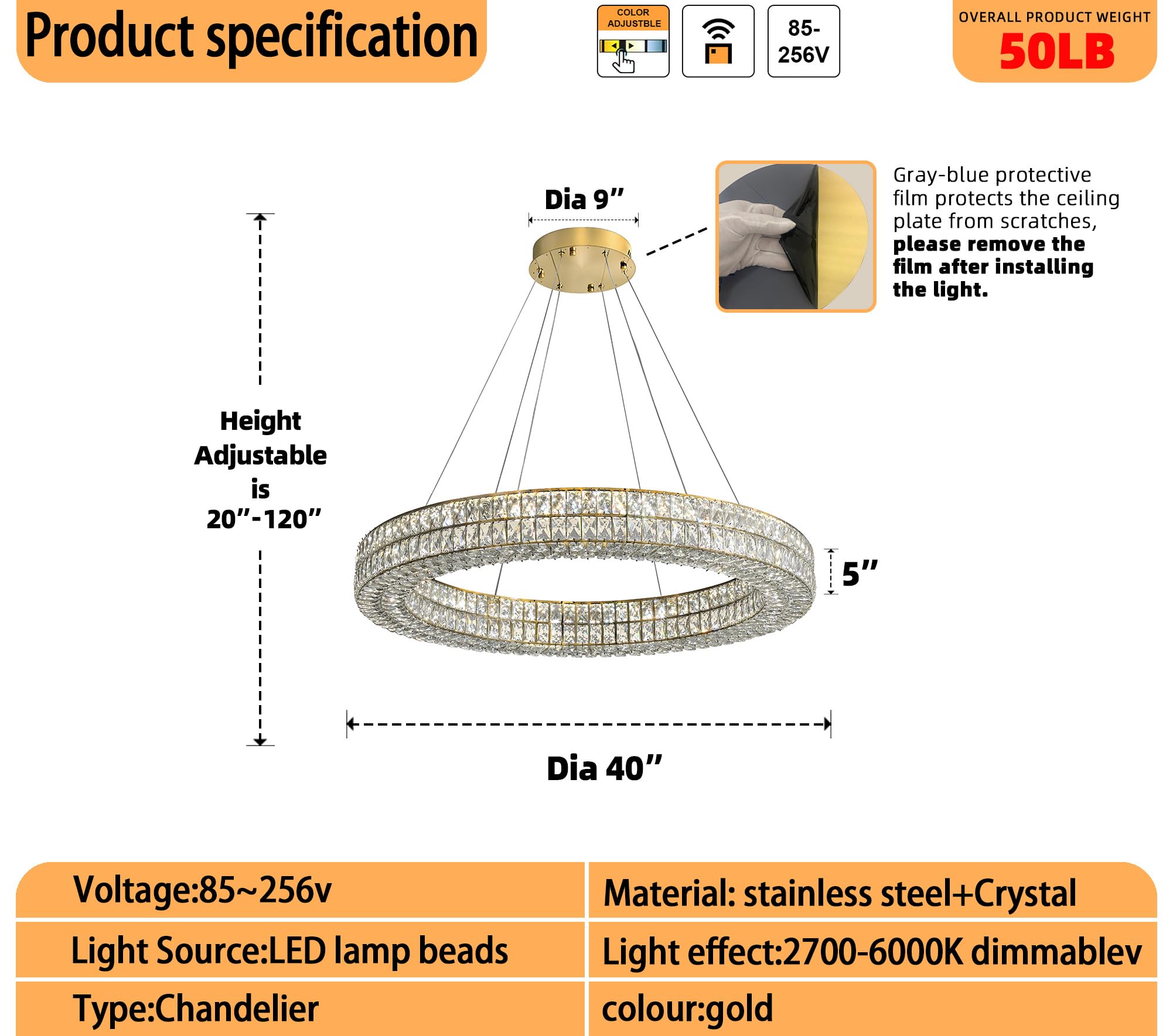 IDEQUY LED Ring Crystal Chandelier, 40in Gold, Modern Dimmable Lighting, Stainless Steel & Acrylic, Model CF8024-100J