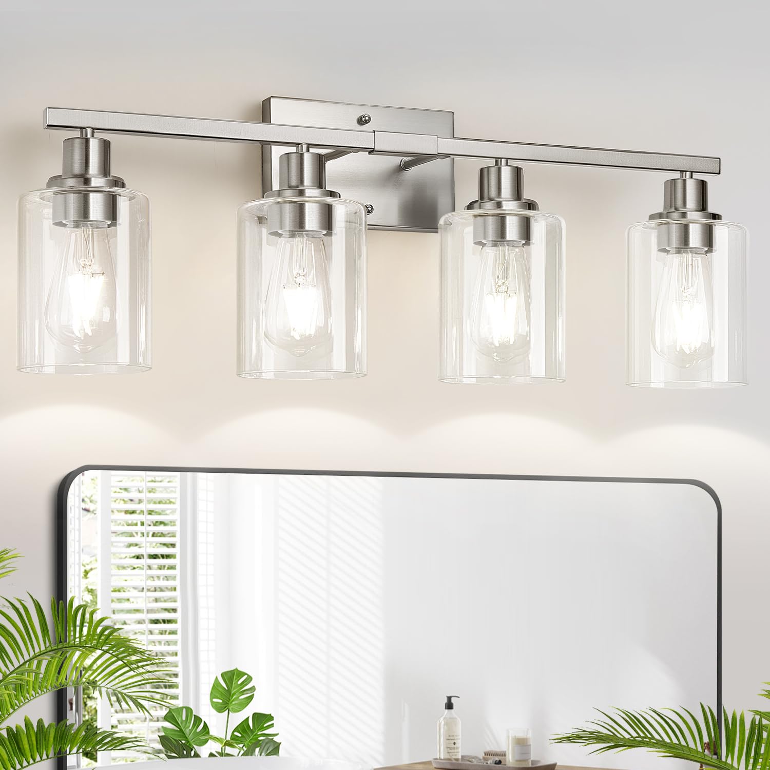 MOKATNG 4-Light Bathroom Light Fixtures  Vanity Light with Clear Glass Shades  Brushed Nickel Bathroom Light Fixtures Over Mirror  Modern Bathroom Wall Lamp for Mirror Living Room Cabinet Bedroom