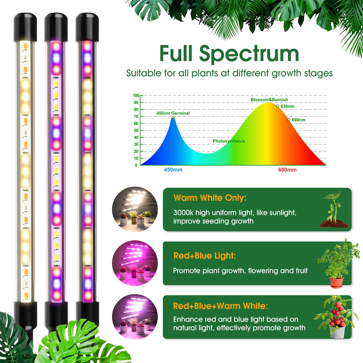 Wolezek Grow Lights for Indoor Plants, 5-Head LED, Adjustable Stand, 2 Pack, Full Spectrum, Red & Blue, Model BL-C100G