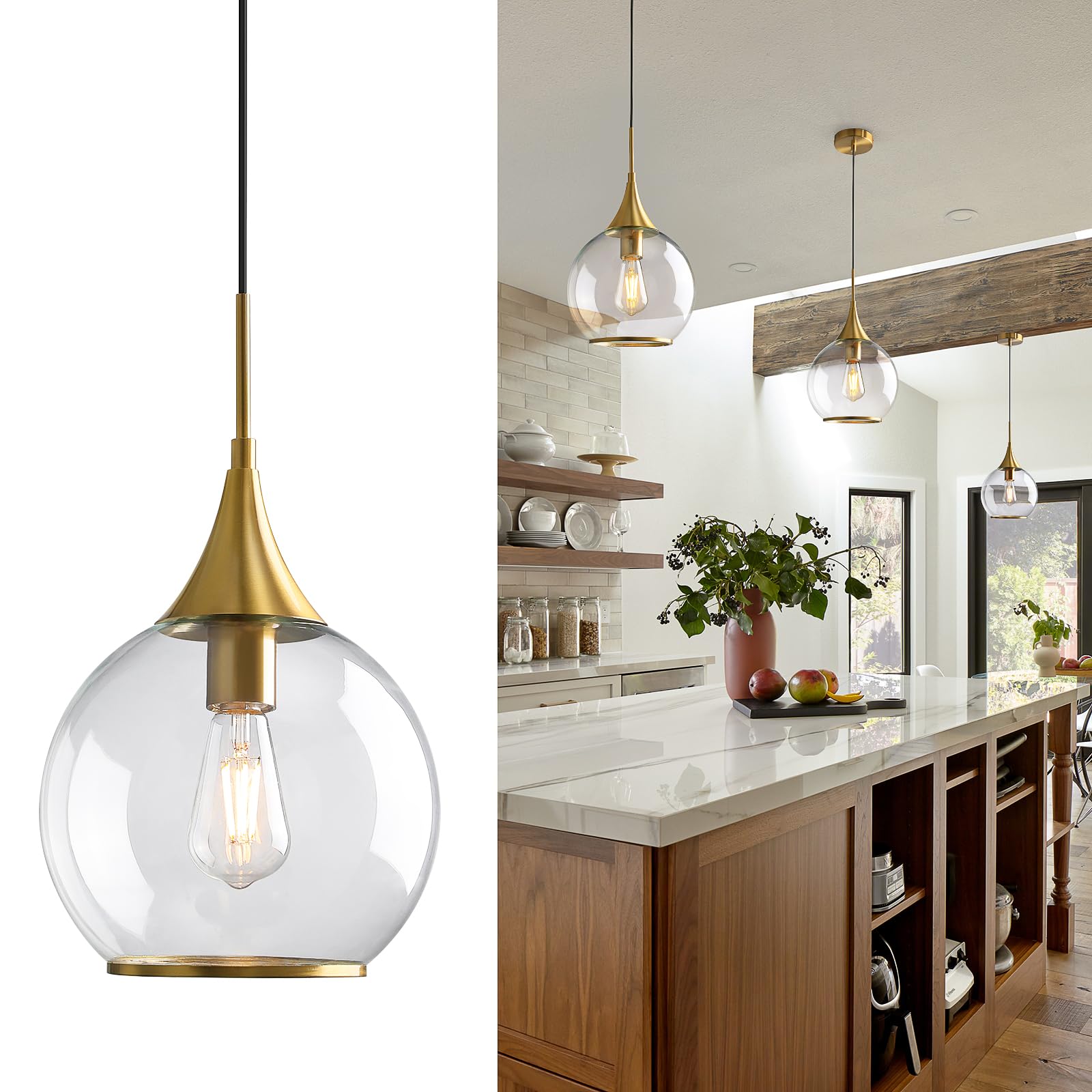 HAHZT Pendant Lights Kitchen Island: Brushed Gold Light Fixture Farmhouse with Clear Glass - 10 Inch Mid Century Globe Kitchen L