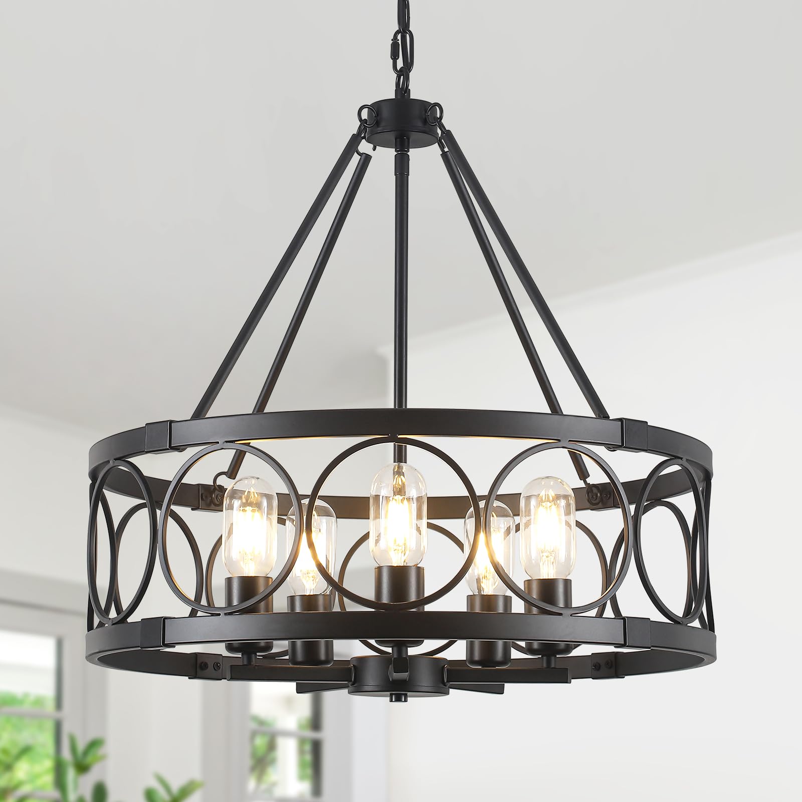 SLBWQ 5-Light Farmhouse Chandelier for Dining Room Light Fixture,Modern Rustic Round Black Chandelier Over Table with Hanging Ki