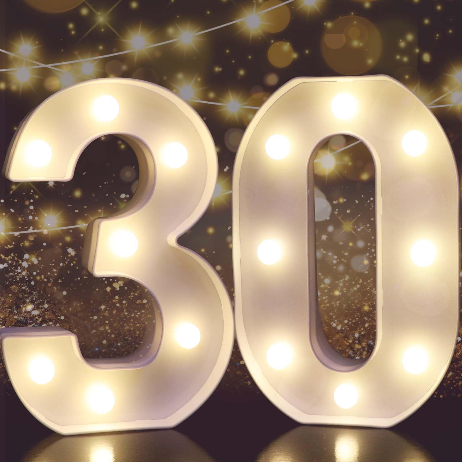 Pooqla Decorative Led Light Up Number Letters for Her Him, White Plastic Marquee Number Lights Sign for 30th Birthday Party Wedding Decor Battery Operated Number (30)