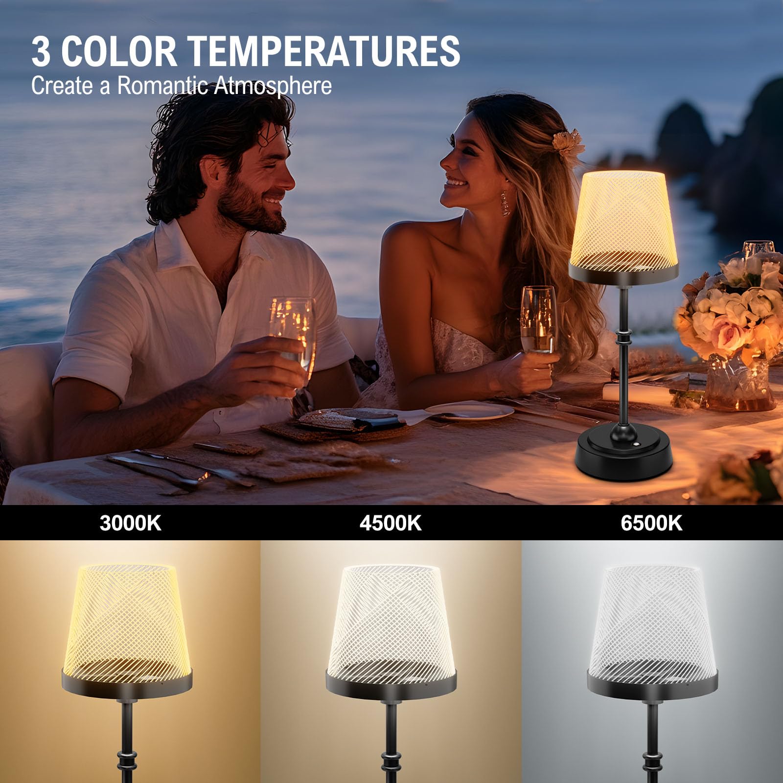 Cordless Table Lamp, Rechargeable LED Desk Lamp, 6000mAh Battery Operated Lamp, 3 Color Stepless Dimming, Portable Touch Lamp, B