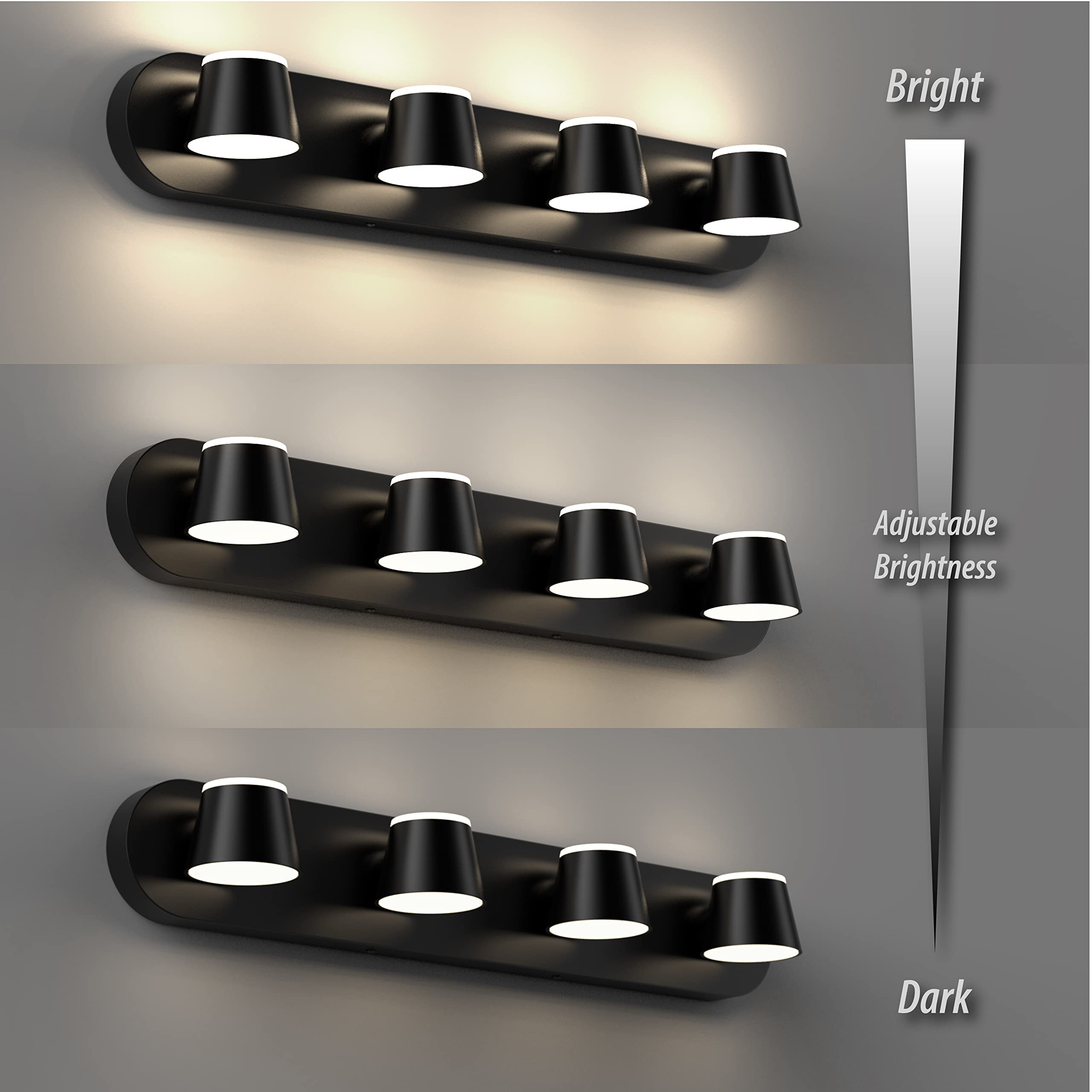 URSOLA 4 Light Bathroom Vanity Light, LED Metal Fixtures, Dimmable, 27 inch, Black, Model 7540-4T