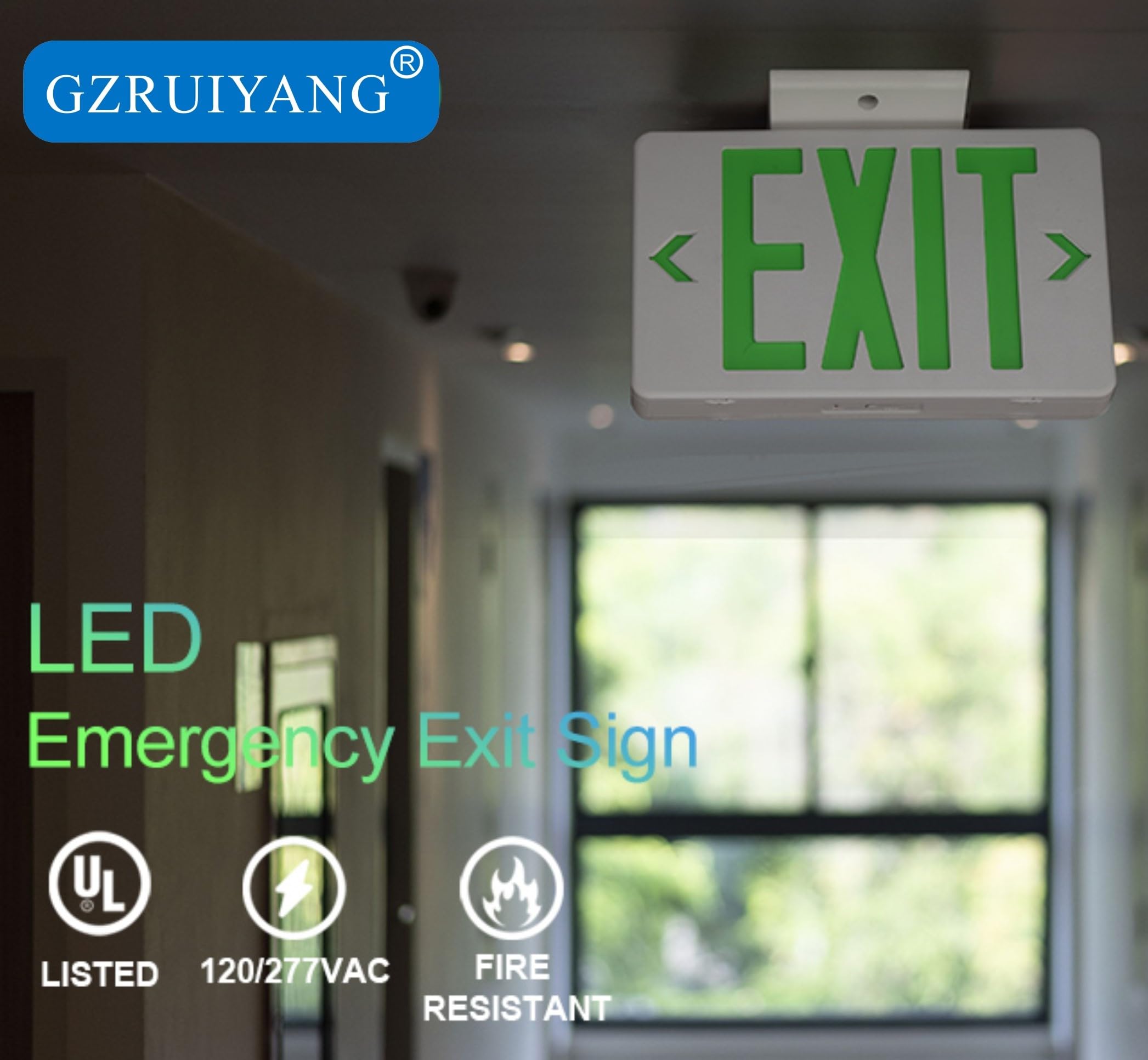 Gzruiyang Green Exit Sign, Led Emergency Exit Light With Battery Backup, Ul Listed, Ac 120/277V, Exit Signs With Emergency Light